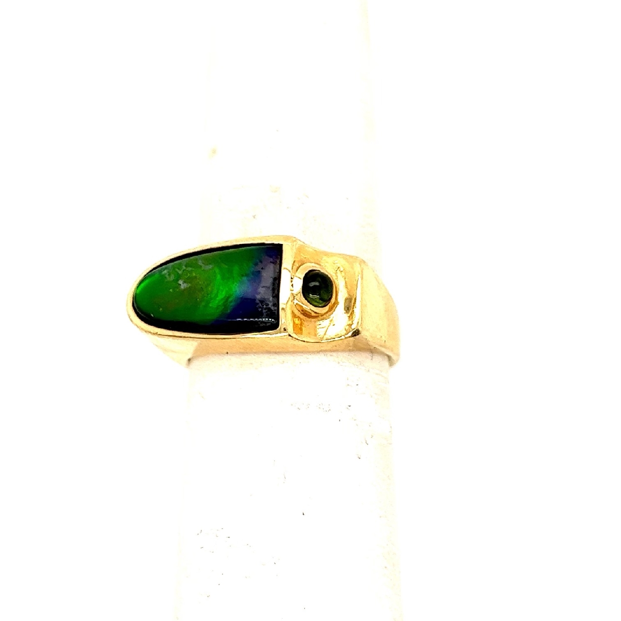 14K Yellow Gold Abstract Signet Ring with Ammolite Doublet with Green Chrome Tourmaline Cabochon Accent 

Size 7 