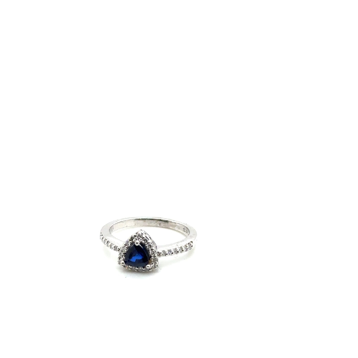 14K White Gold Trilliant Cut Sapphire Ring with Diamond Halo Size 8
.40TDW 