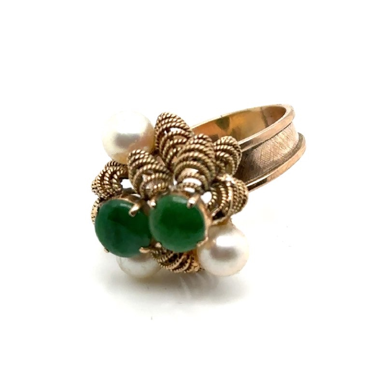 14K Yellow Gold Jade and Pearl Ring Size 8.75