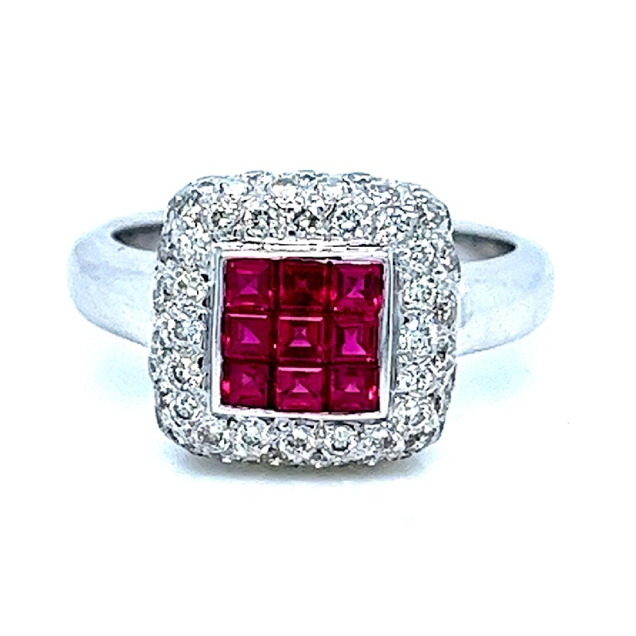 18K White Gold Ring with Square Cut Rubies and Diamond Halo
Size 5.25