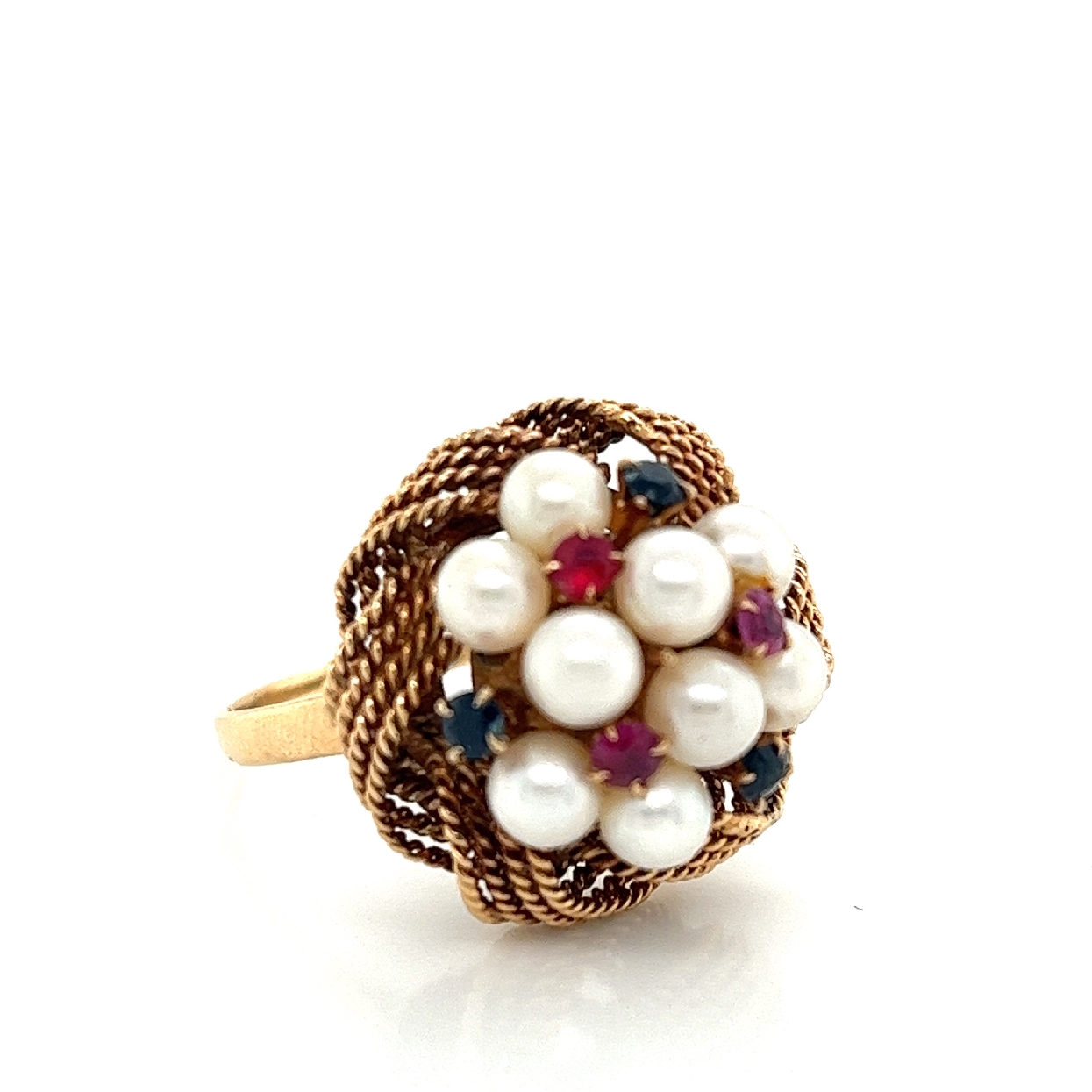 Yellow Gold Ruby; Saphire
 and Pearl Ring
 W/ Rope Designs 
Size 9