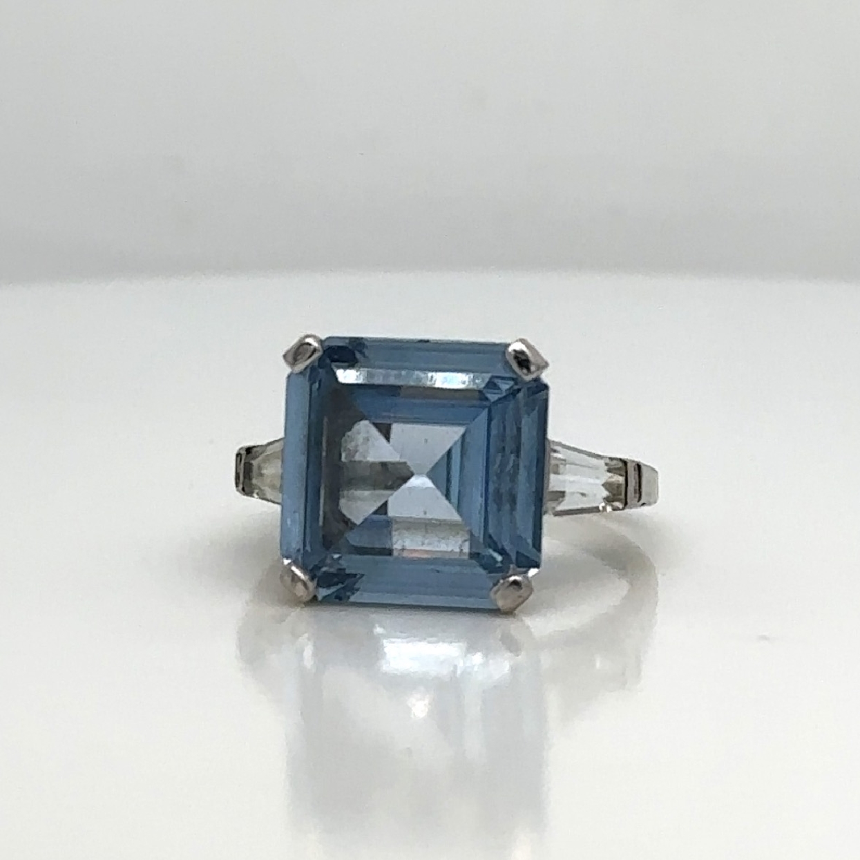10K White Gold Square Emerald Cut Blue Topaz Ring with Baguette Accent Diamonds Size 4.5