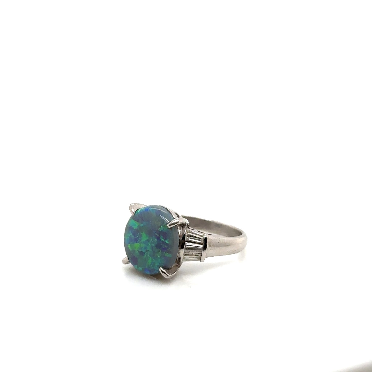 Platinum Black Opal Ring with Channel Set Baguette Diamonds Size 6