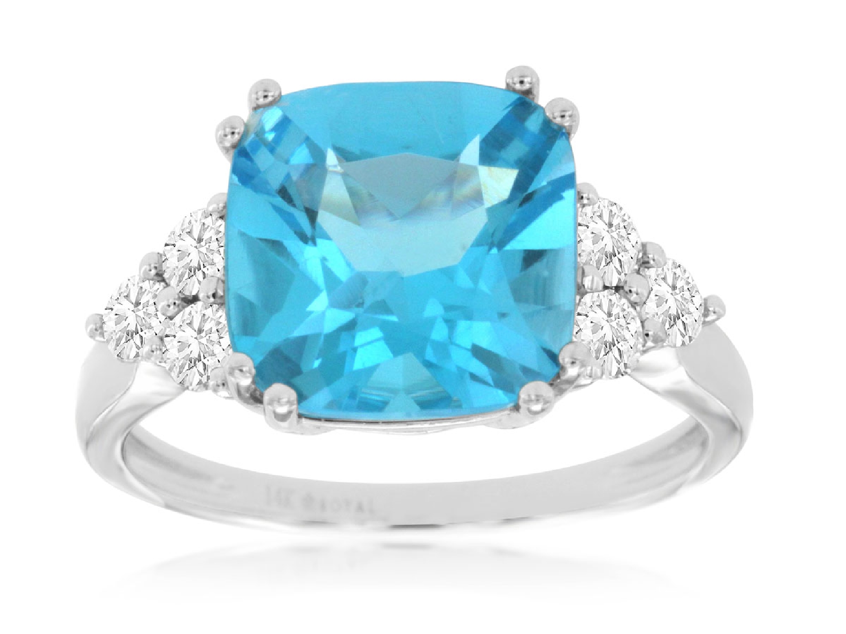 14K White Gold Square Blue Topaz Ring with Diamond Accents
.45 CT Diamond 
5.0 CT Blue Topaz

Size 7