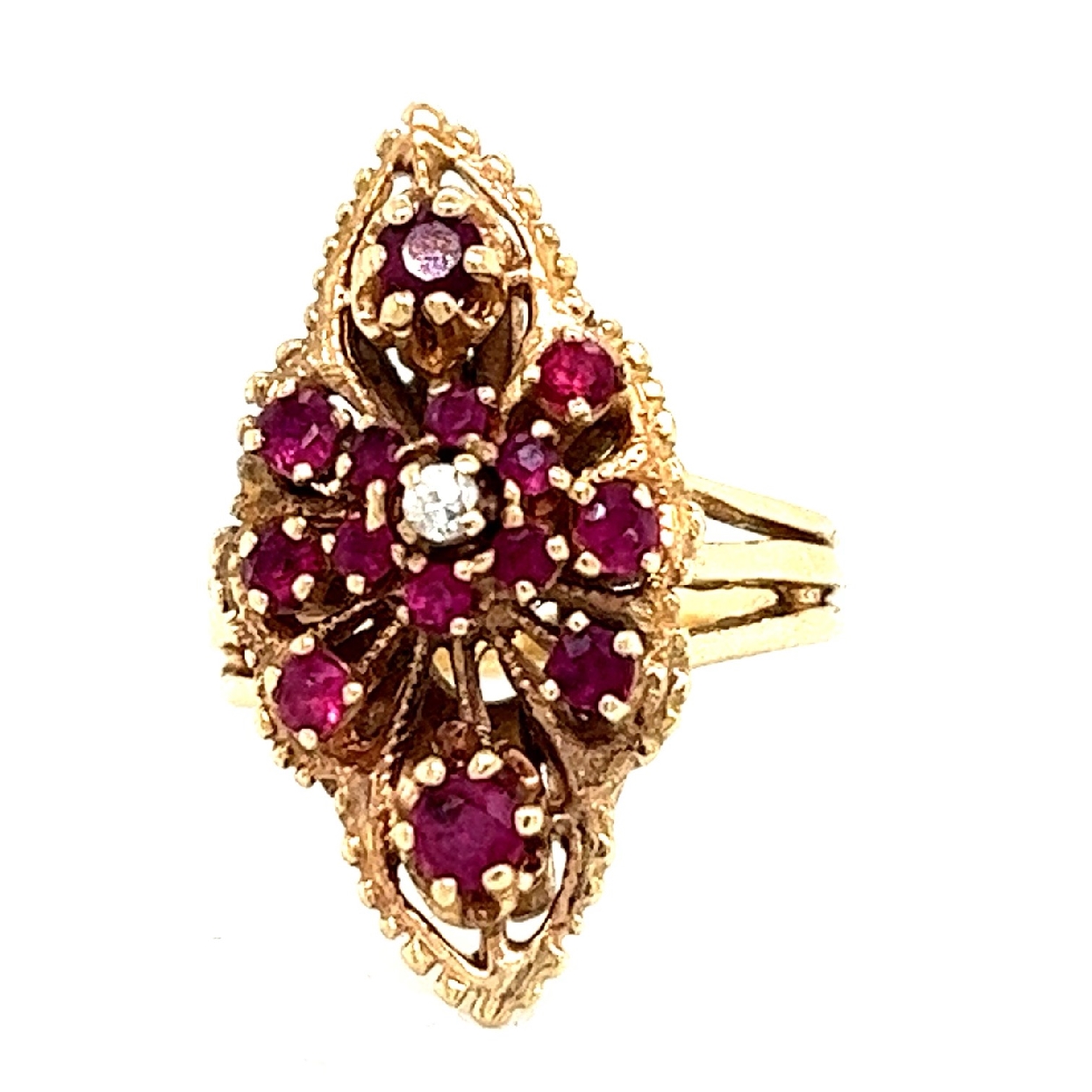 14K Yellow Gold Ruby and Diamond Ring with Filigree

Size 5