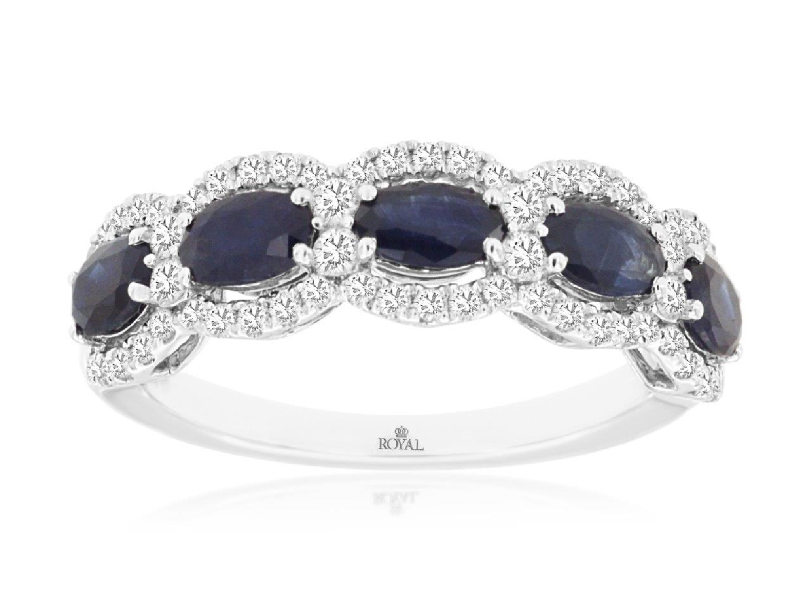 14K White Gold Band with Oval Sapphires and Diamond Halos Size 7
