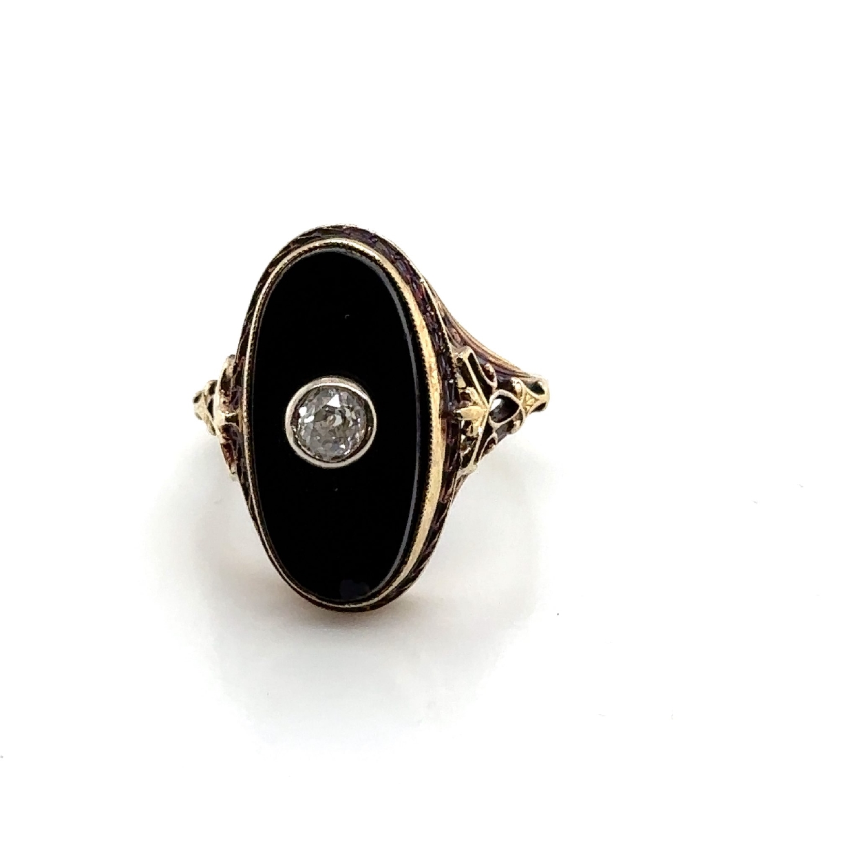 14K Yellow Gold Antique Onyx Signet Style Ring with Diamond Accent and Filigree Size 5