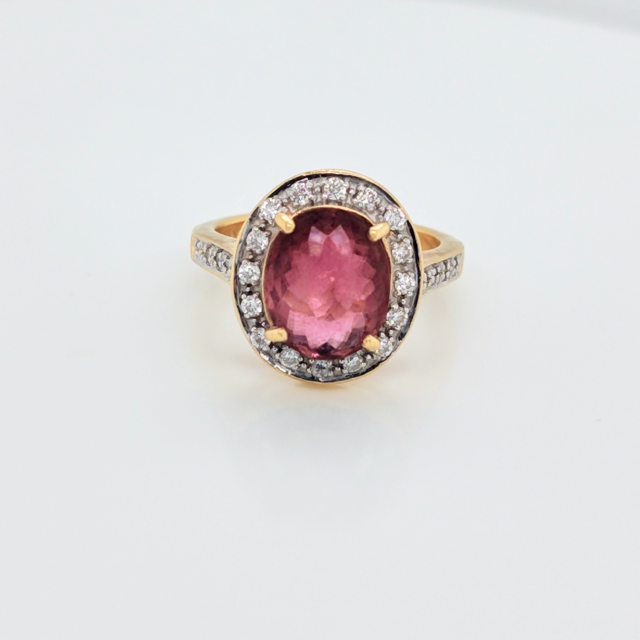 18K Yellow Gold Pink Tourmaline Ring with Diamond Halo Size 6.5