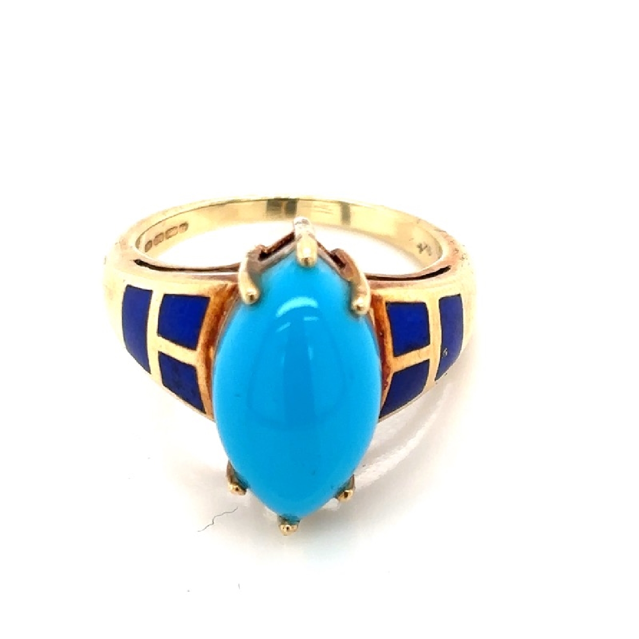 9K Yellow Gold Marquise Shaped Turquoise w/ Lapis Inlay Size 7