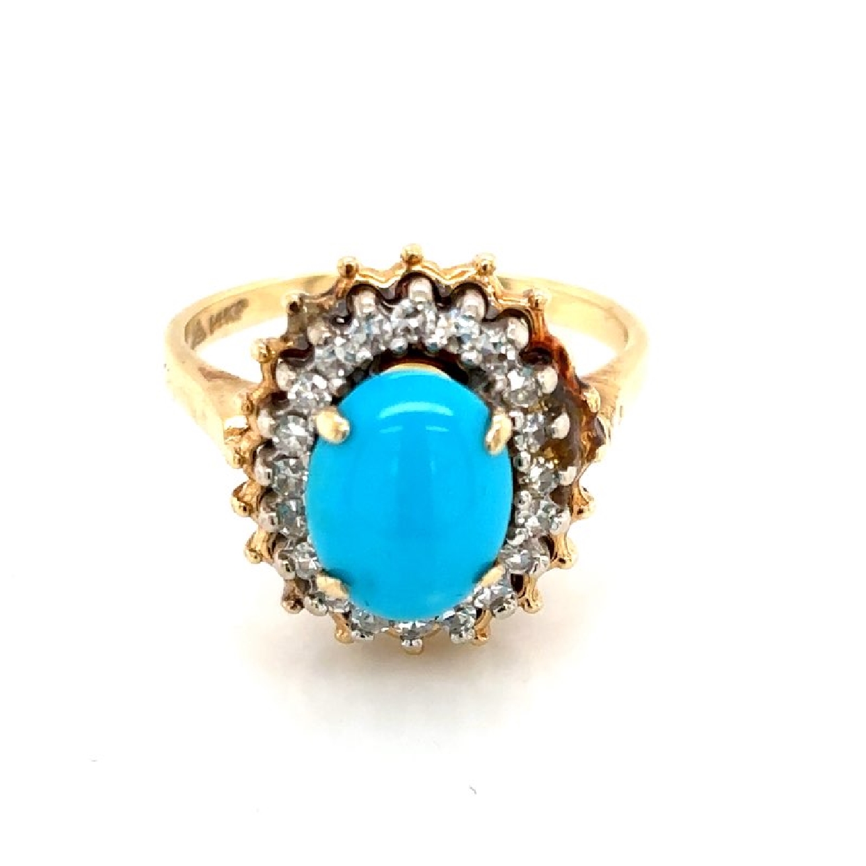14 Yellow Gold Oval Turquoise with diamond halo ring. size 5