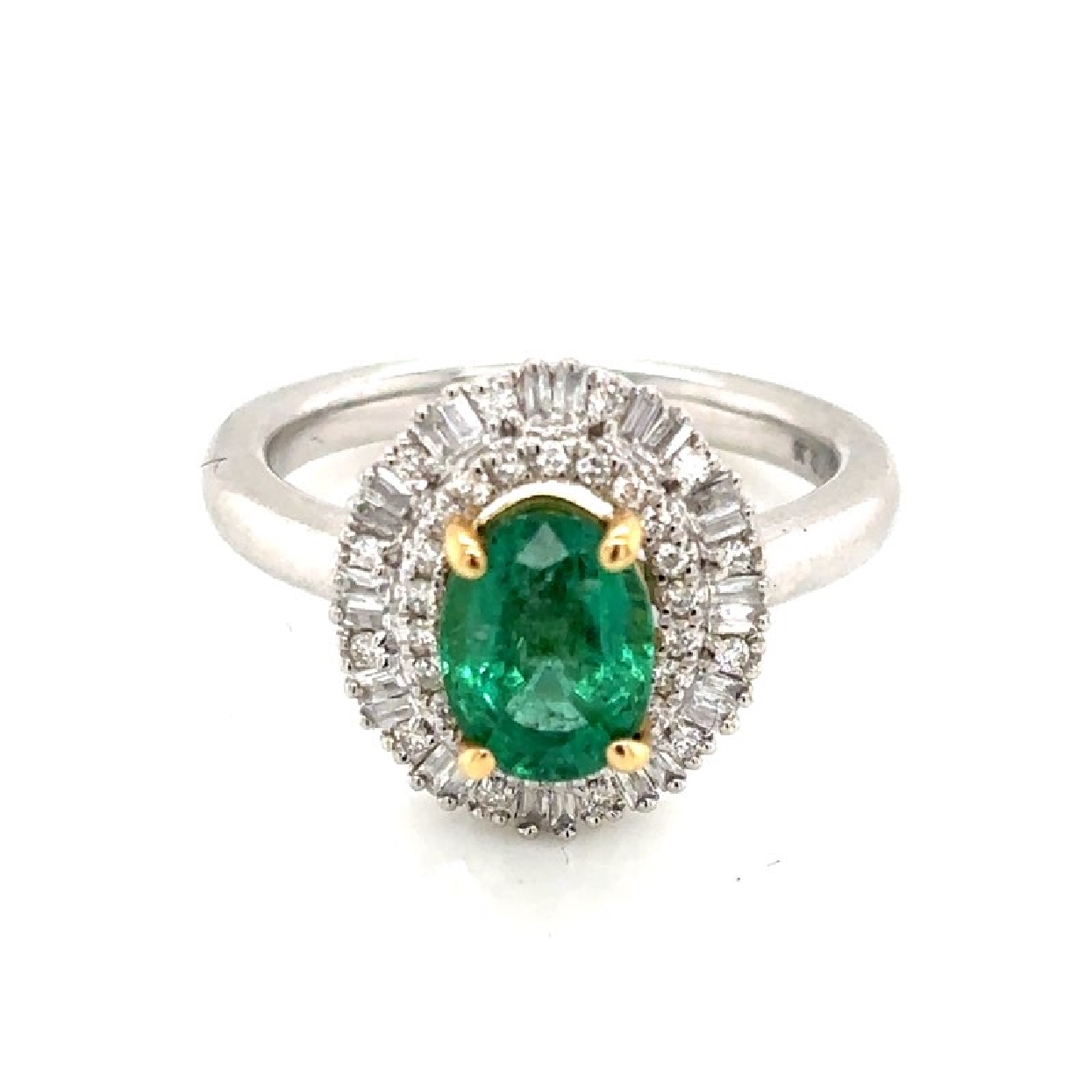 18K Yellow Gold and Platinum Oval Emerald Ring with Double Diamond Halo .35CT 

Size 7