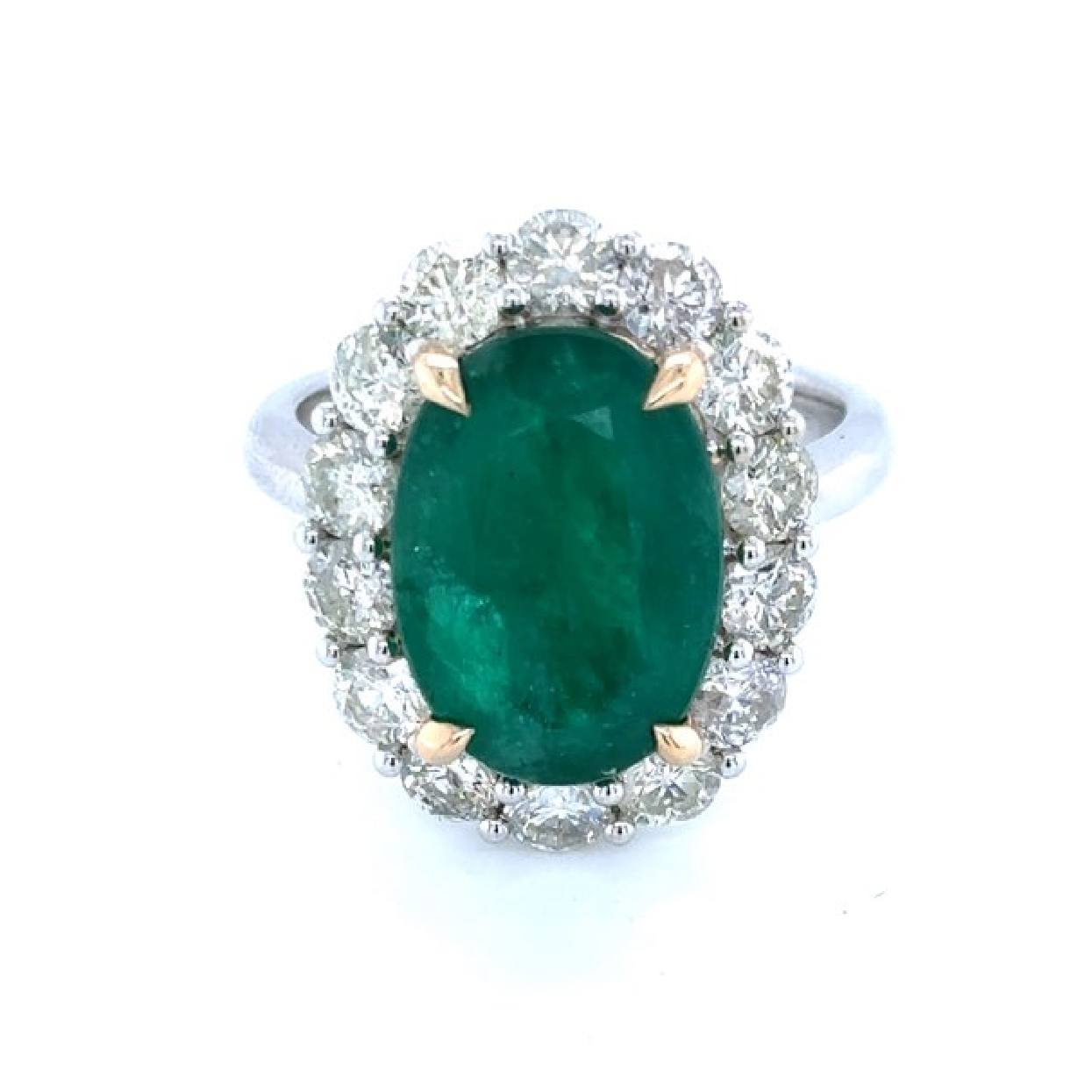 14K Yellow Gold and Platinum Ring Oval Emerald 5.395CT with Diamond Halo 1.95CT

Size 6.75