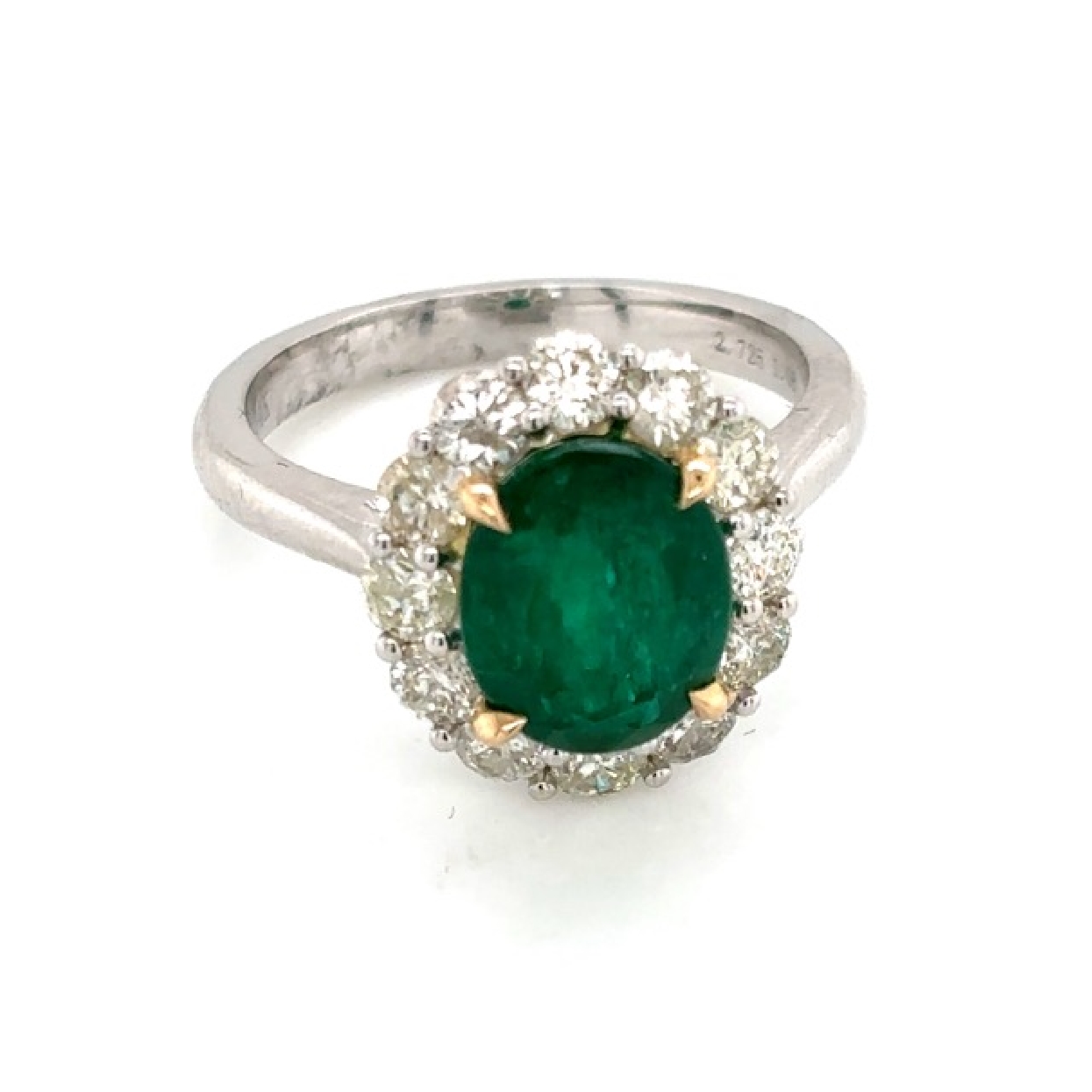 14K White Gold and Yellow Gold Ring Oval 2.72CT Emerald with Diamond Halo 1.08CT 

Size 7