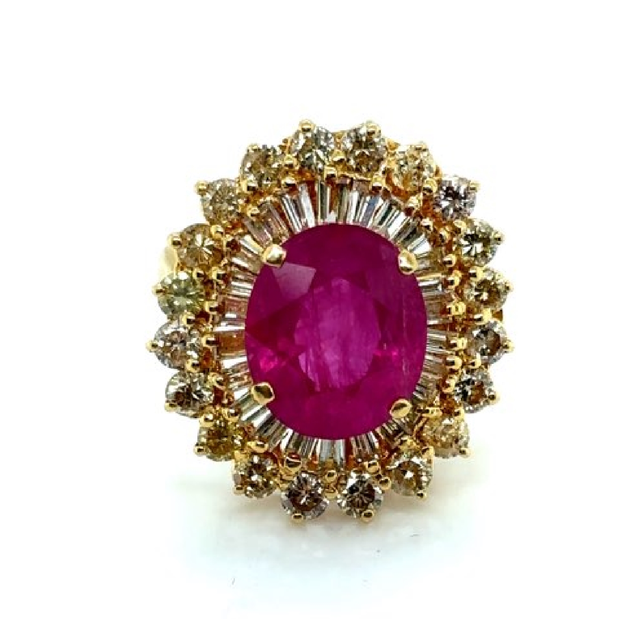 18K Yellow Gold Filigree Ruby Ring 5.49CT with Double Diamond Halo 3.00CT 

Size 7

Gemstone Report on File for Ruby Center Stone