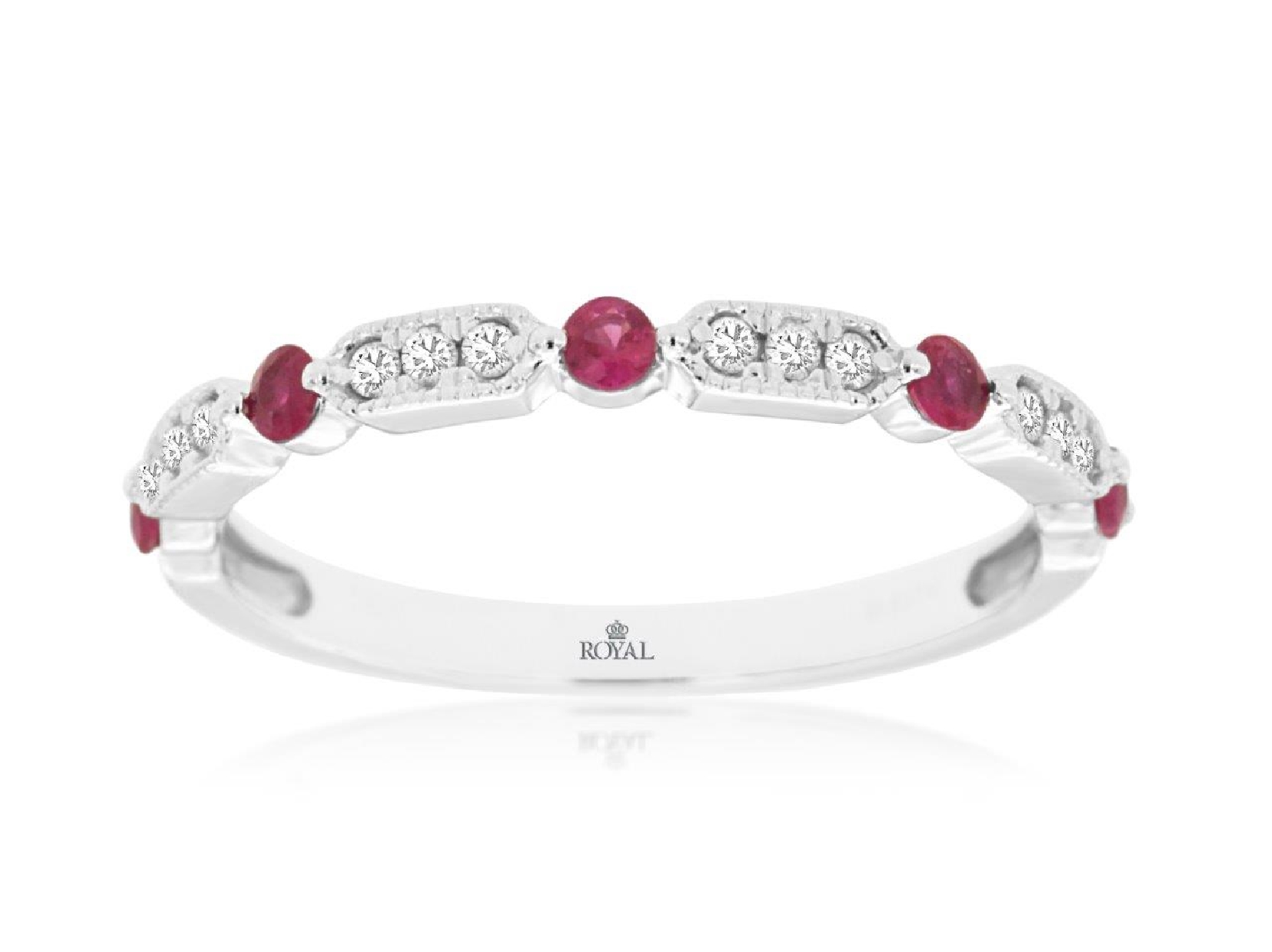 14K White Gold Band with Bezel Set Rubies and Channel Set Diamonds Size 7 .10CT Diamonds .25CT Rubies

WH1686R