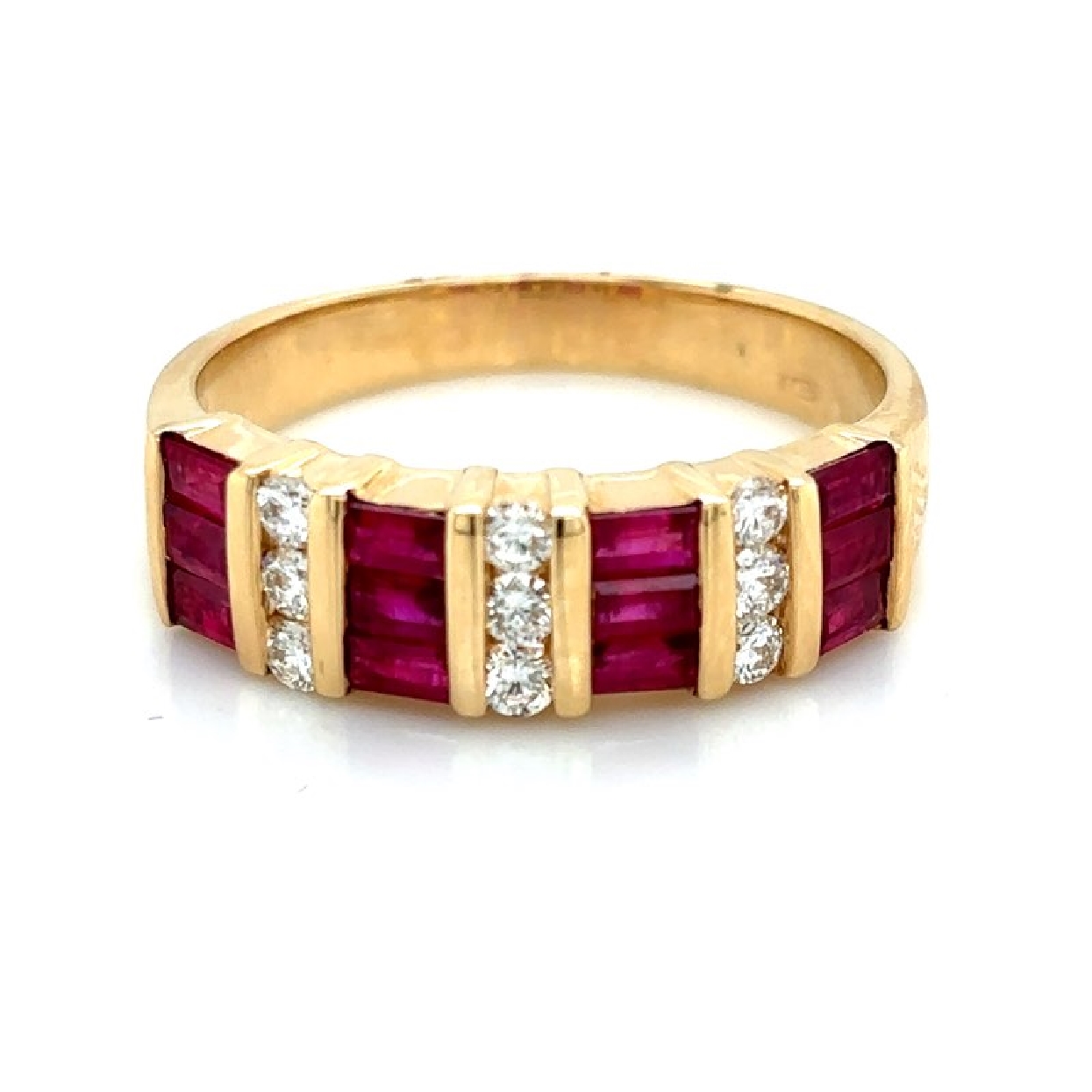 14K Yellow Gold Ring with Three Rows of Rubies 1CT and Diamonds .24CT

 Size 7 