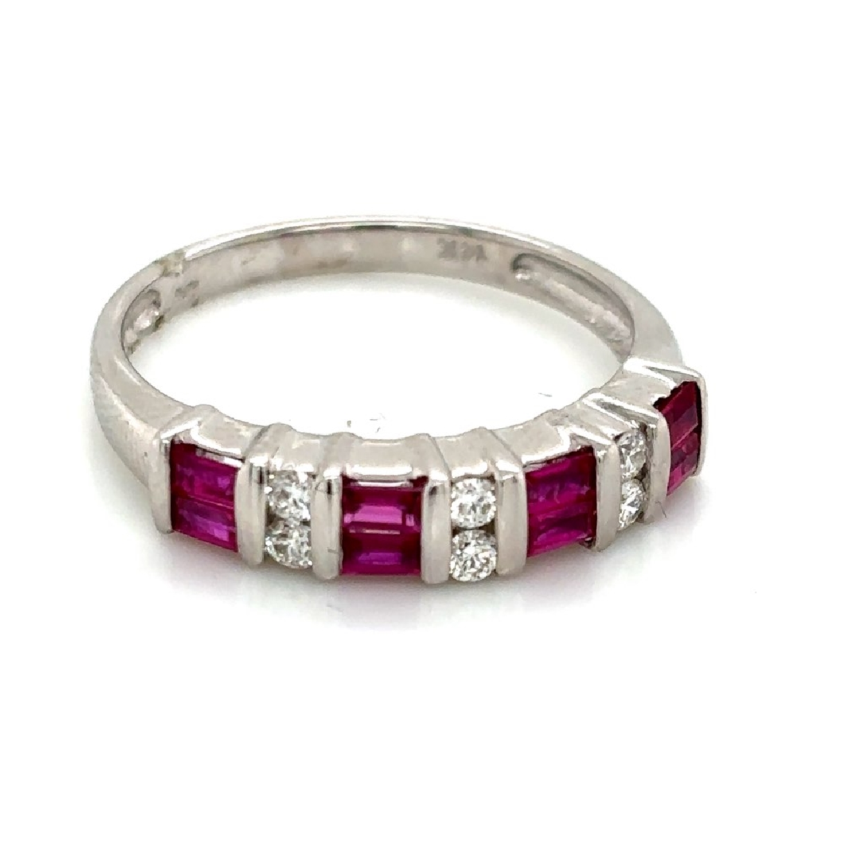 14K White Gold Ring with Two Rows of Rubies .60CT and Diamonds .16CT 

Size 7.25