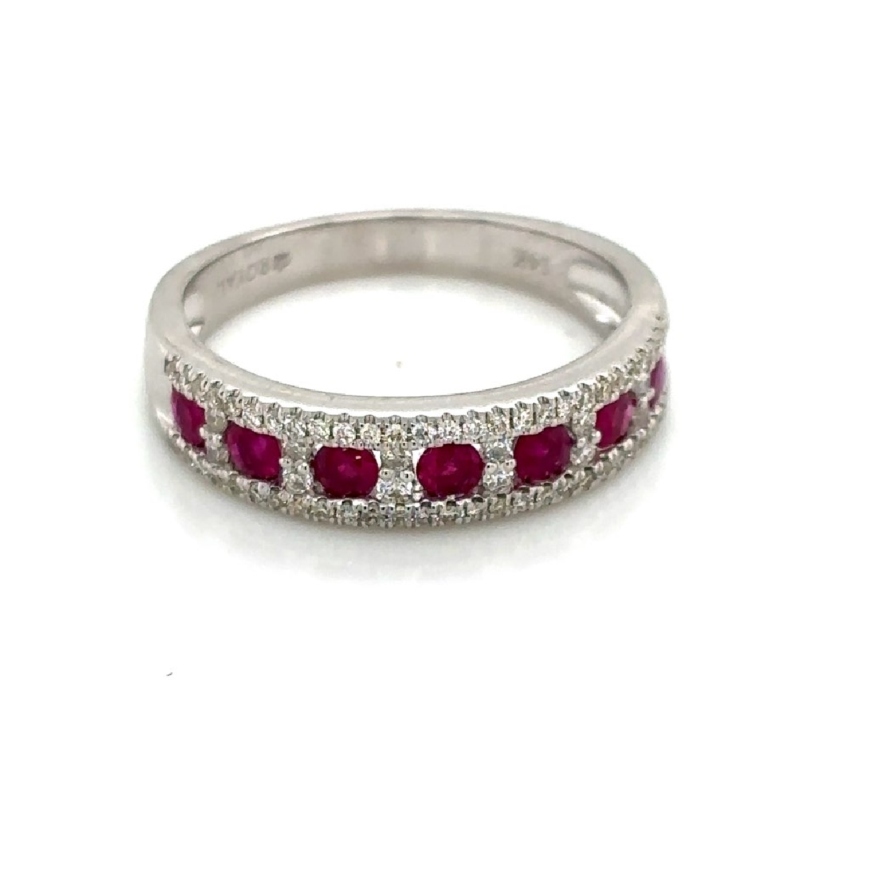 14K White Gold Ring with Round Rubies .60CT and .26CT Diamond Halo 

Size 7