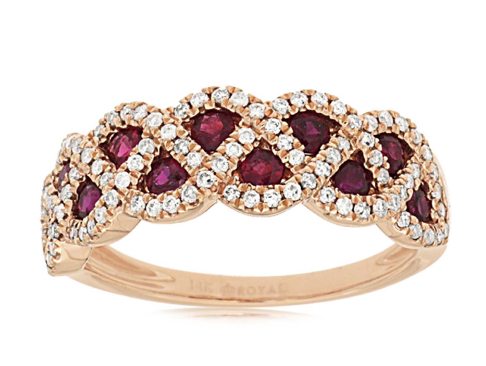 14K Rose Gold Ruby and Diamond Ring with Weaved Design
Size 7 .35CT Diamonds .62CT Rubies

PC7446R