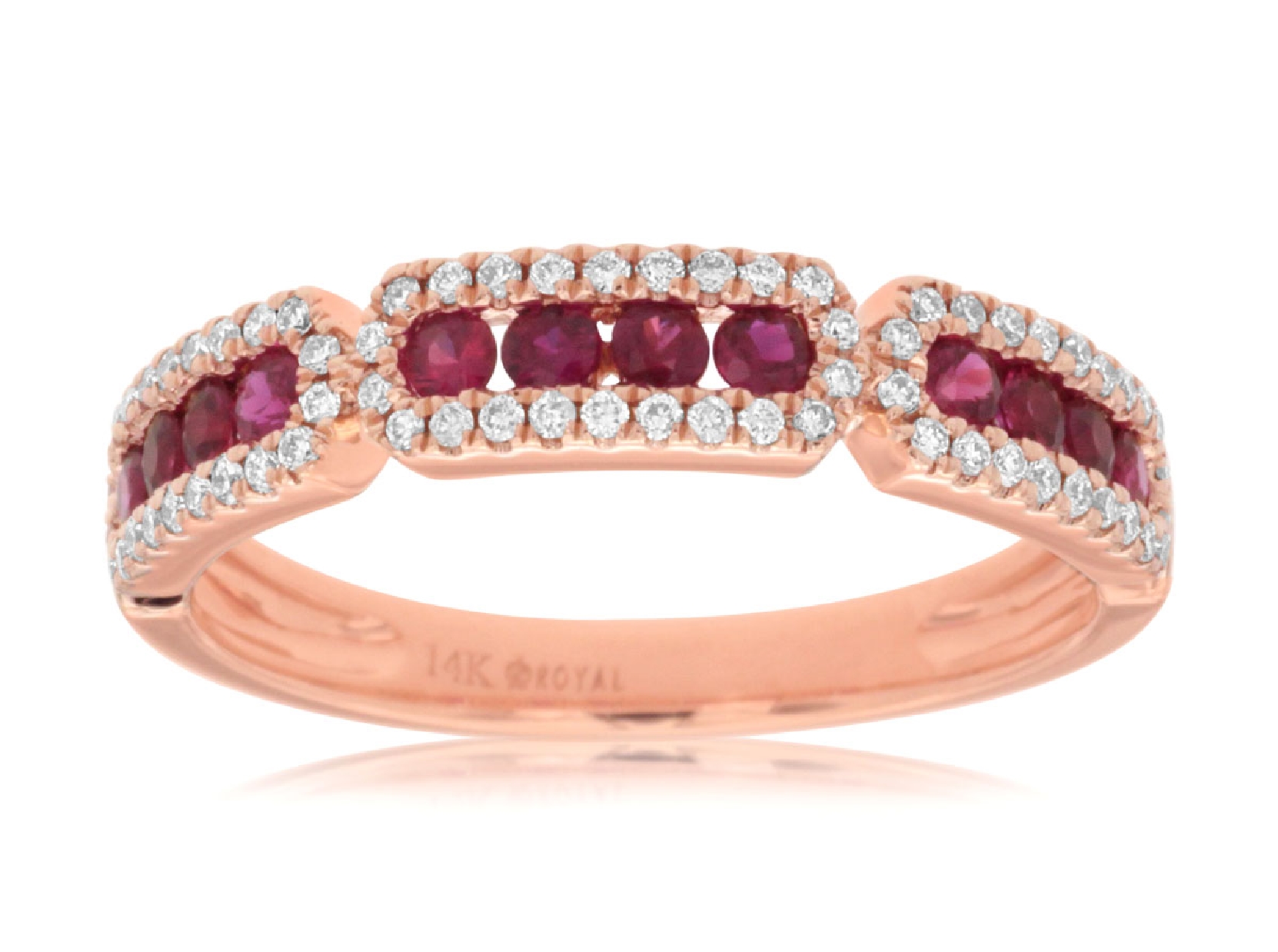 14K Rose Gold Stackable Ring with Channel Set Rubies and Diamond Halos 
Size 7 .2CT Diamonds .42CT Rubies 
PC8095R