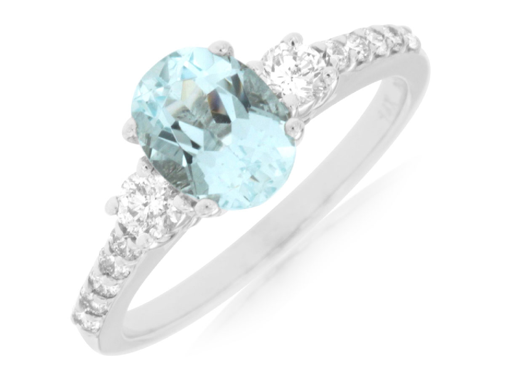 14K White Gold Oval Aquamarine Ring with Diamond Accents and Diamond Shank; Size 7