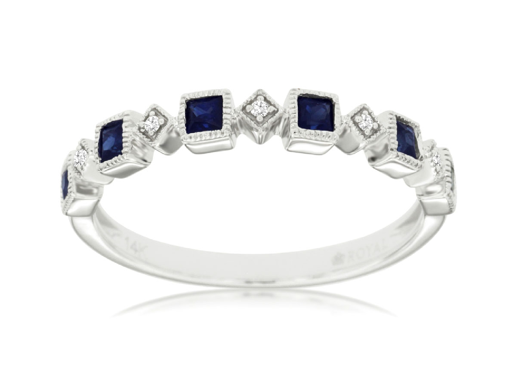 14K White Gold Princess Cut Sapphire Stackable Band with Diamond Accents Size 7 .02CT Diamonds .4CT Sapphires 
WC8652S