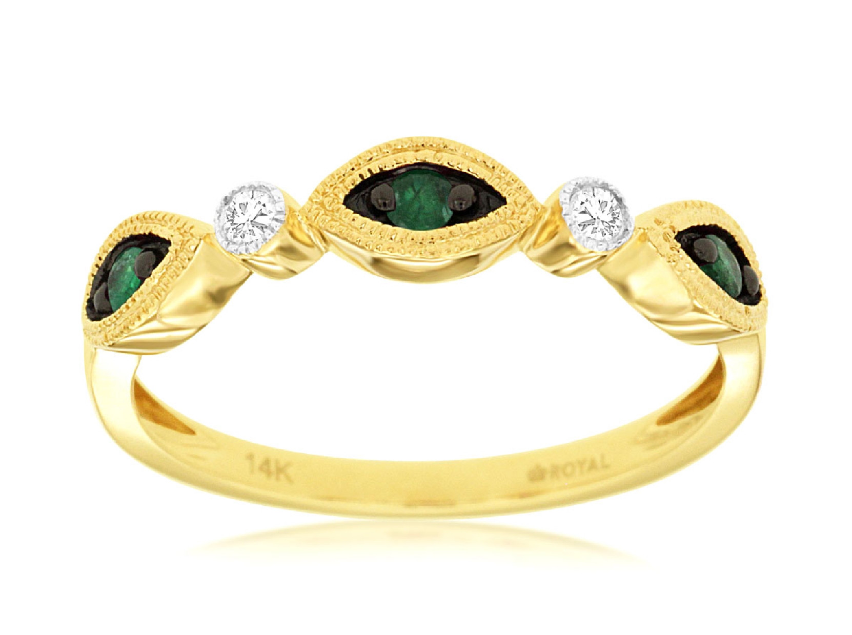 14K Yellow Gold Emerald Ring with Marquis Setting and Accent Diamonds Size 7.25
.04CT Diamonds .14CT Emeralds 
C8650EM