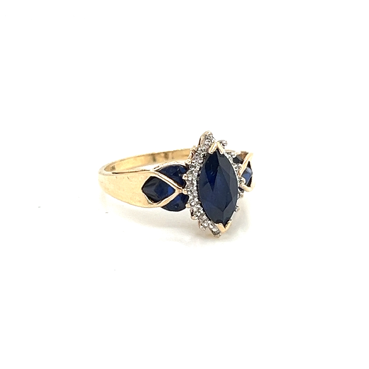 14K Yellow Gold Ring with Marquise Sapphire and Diamond Halo Size 6.75