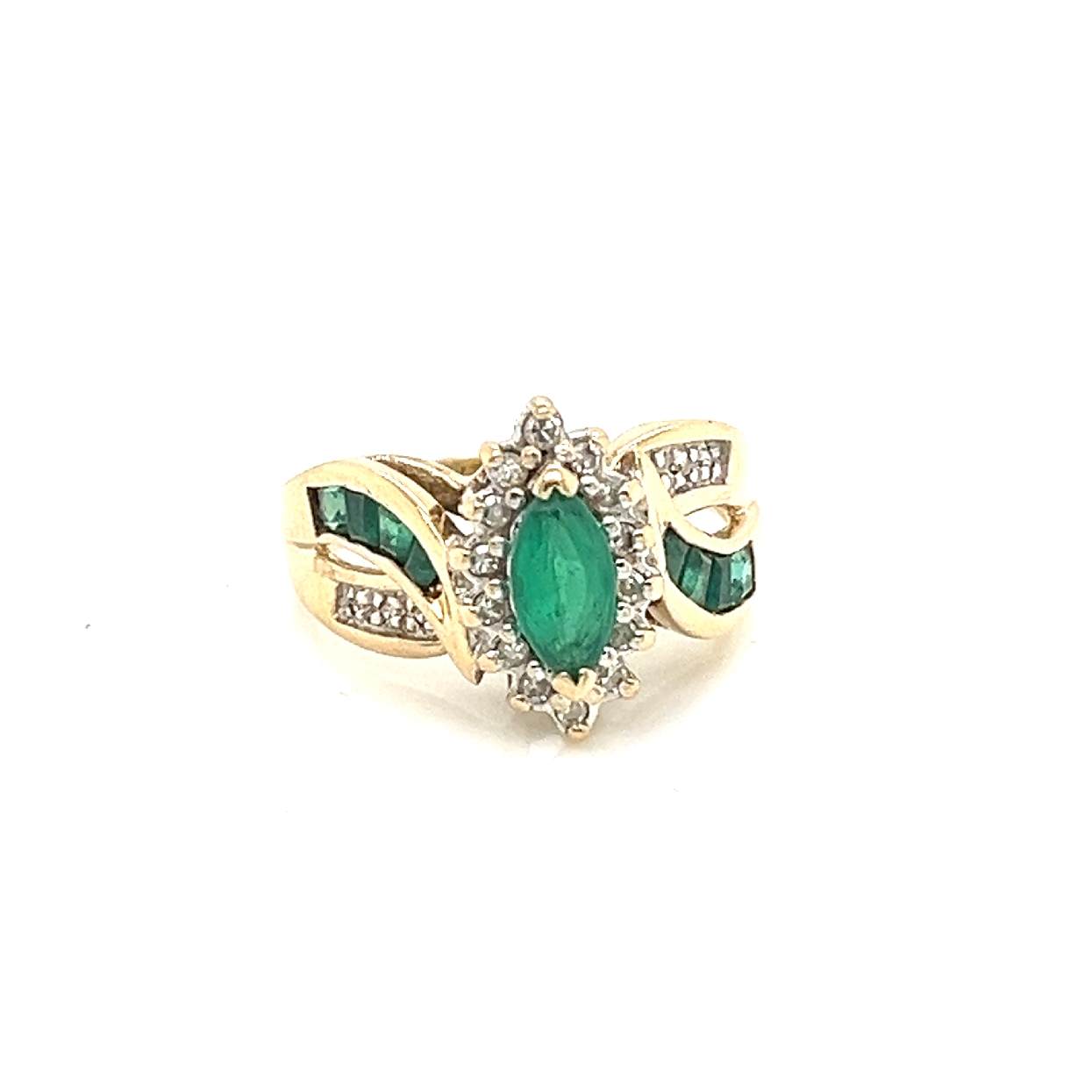 14K Yellow Gold Marquise Emerald with Split Shank of Diamonds and Emeralds Size 7