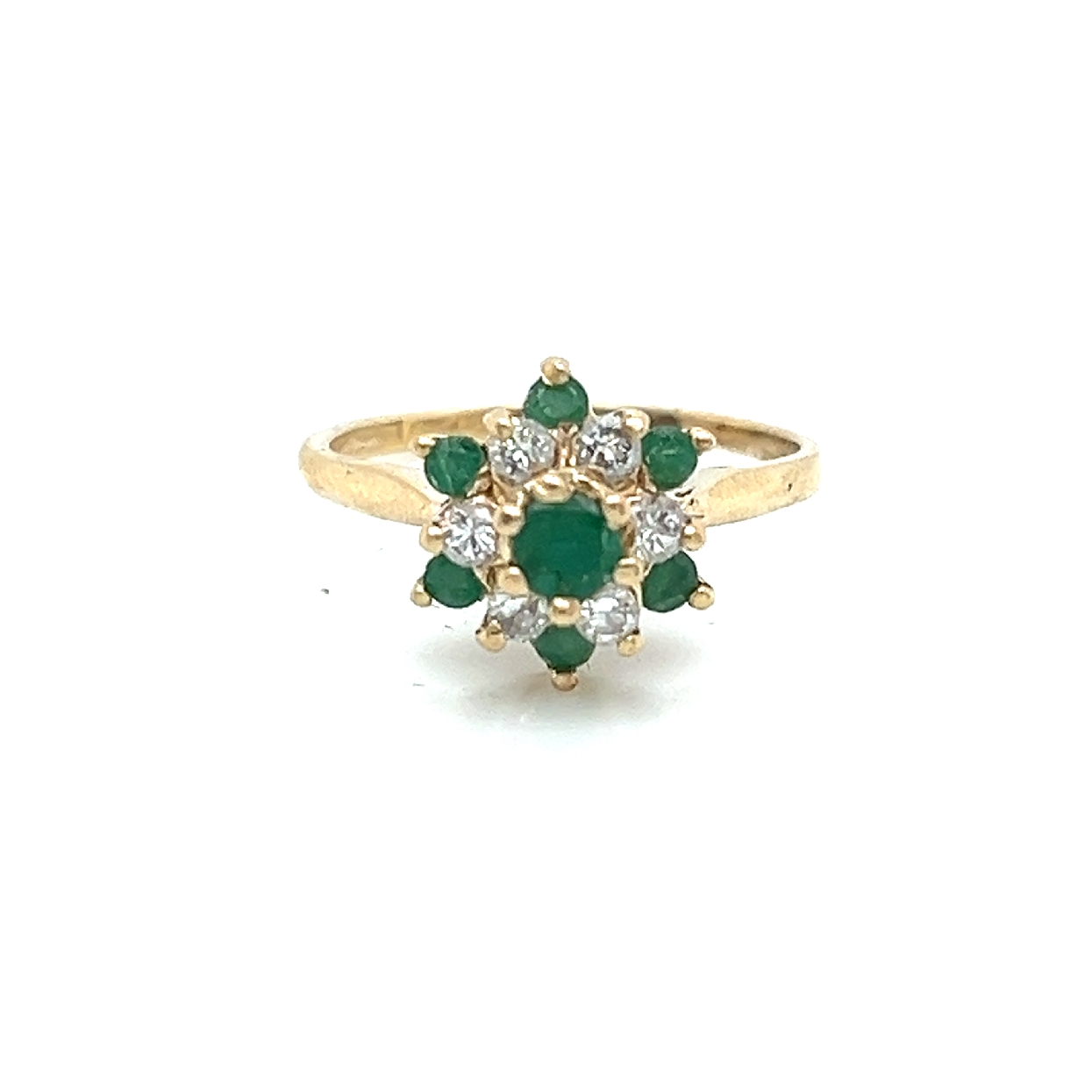 14K Yellow Gold Emerald and Diamond High Set Floral Ring Size 5.5