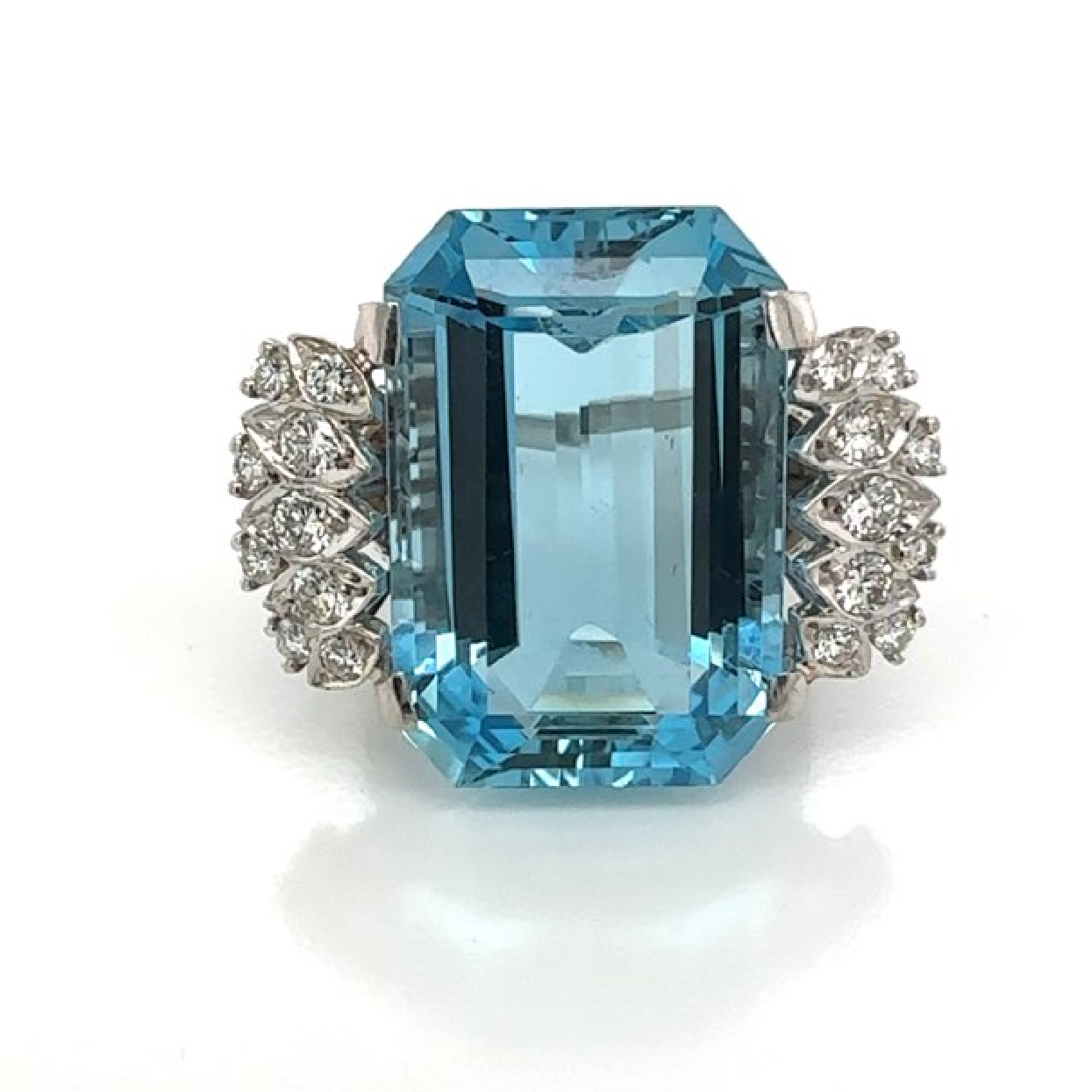 Platinum 25CT Emerald Cut Aquamarine with Round and Baggette Diamond Accents Size 9.75