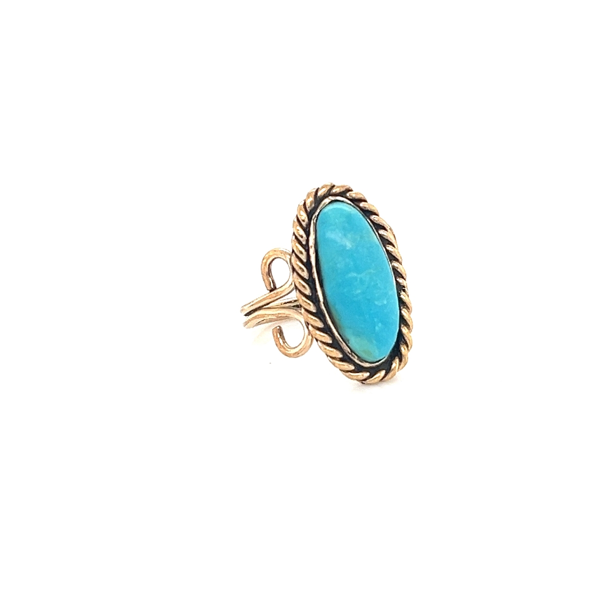 14k Yellow gold Turquoise Ornate Ring Size 2.75 
