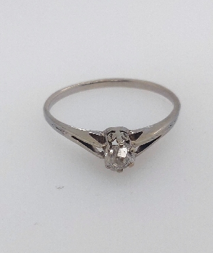 14k white gold ring antique engagement ring with six prong set Peruzzi cut diamond. Diamond is approx 0.34 carat I1/I. Size 8.5.