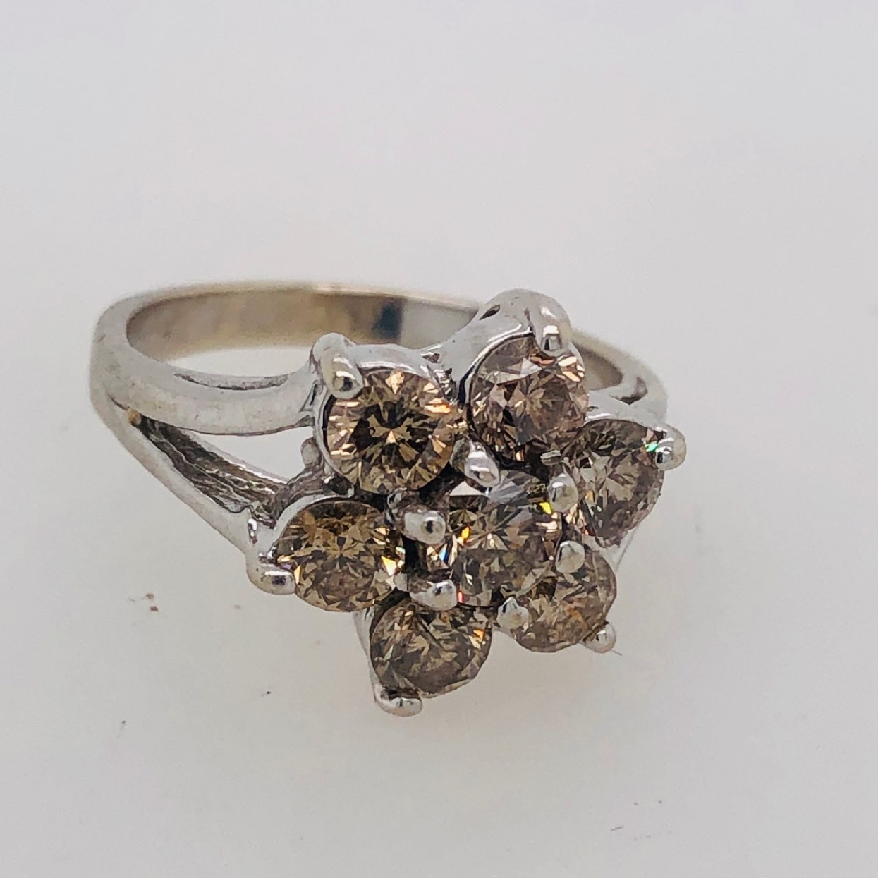 14K White Gold Champagne Diamond Floral Cluster Ring with Split Shank Size 6.25 
1.75 CTTW
