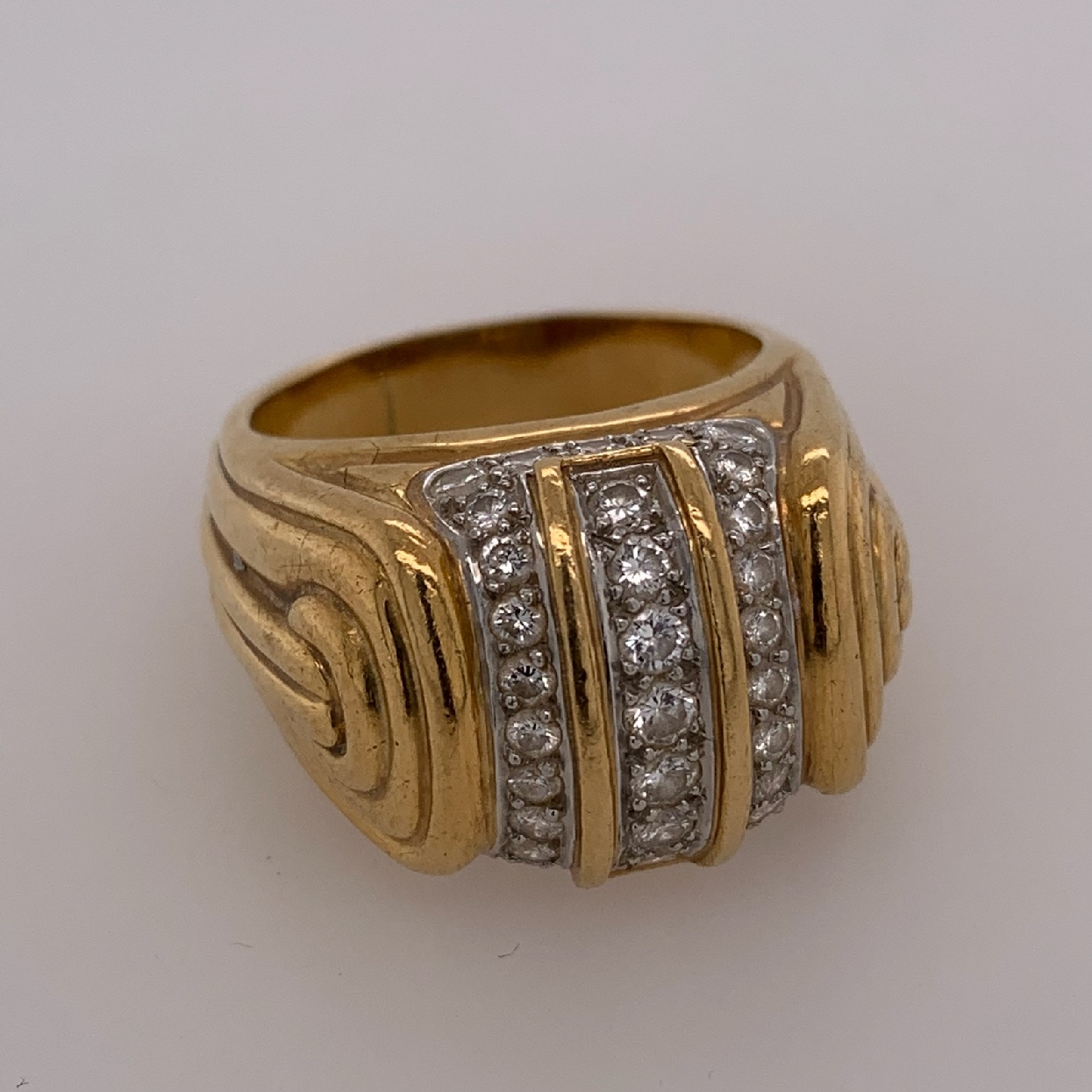 18k Yellow Gold and Platinum Greek Pillar Pave Diamond Ring Size 10