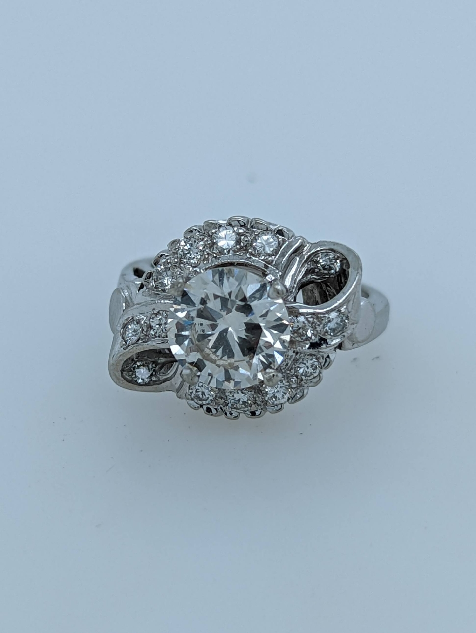 14K White Gold 1940 s Diamond Cocktail Ring with 2.10CT Old European Cut Center Stone; Size 6
