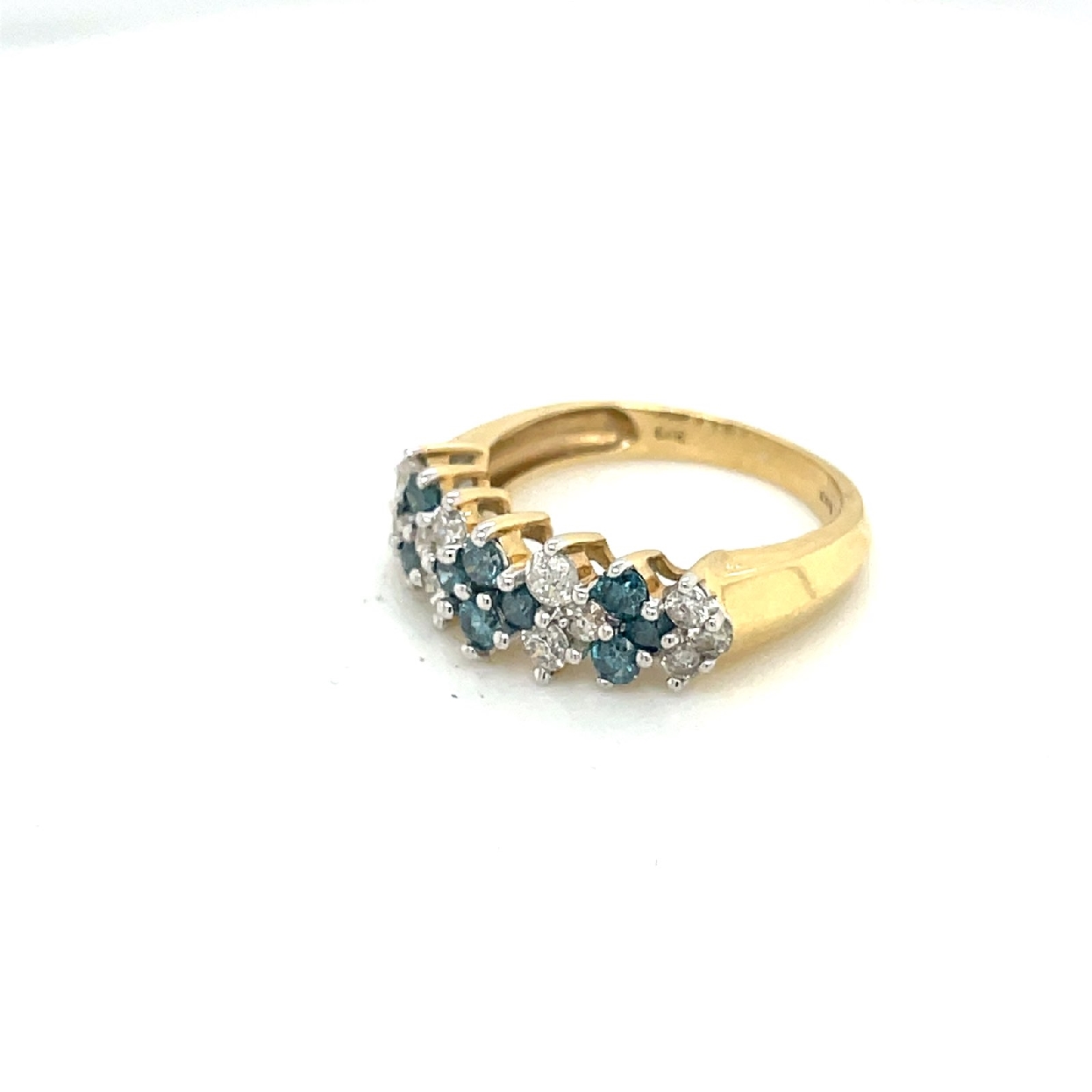 Irradiated Blue and White Diamond 14k Yellow Gold Cluster Ring Size 6
1CTTW-- 1/2 Blue & 1/2 White