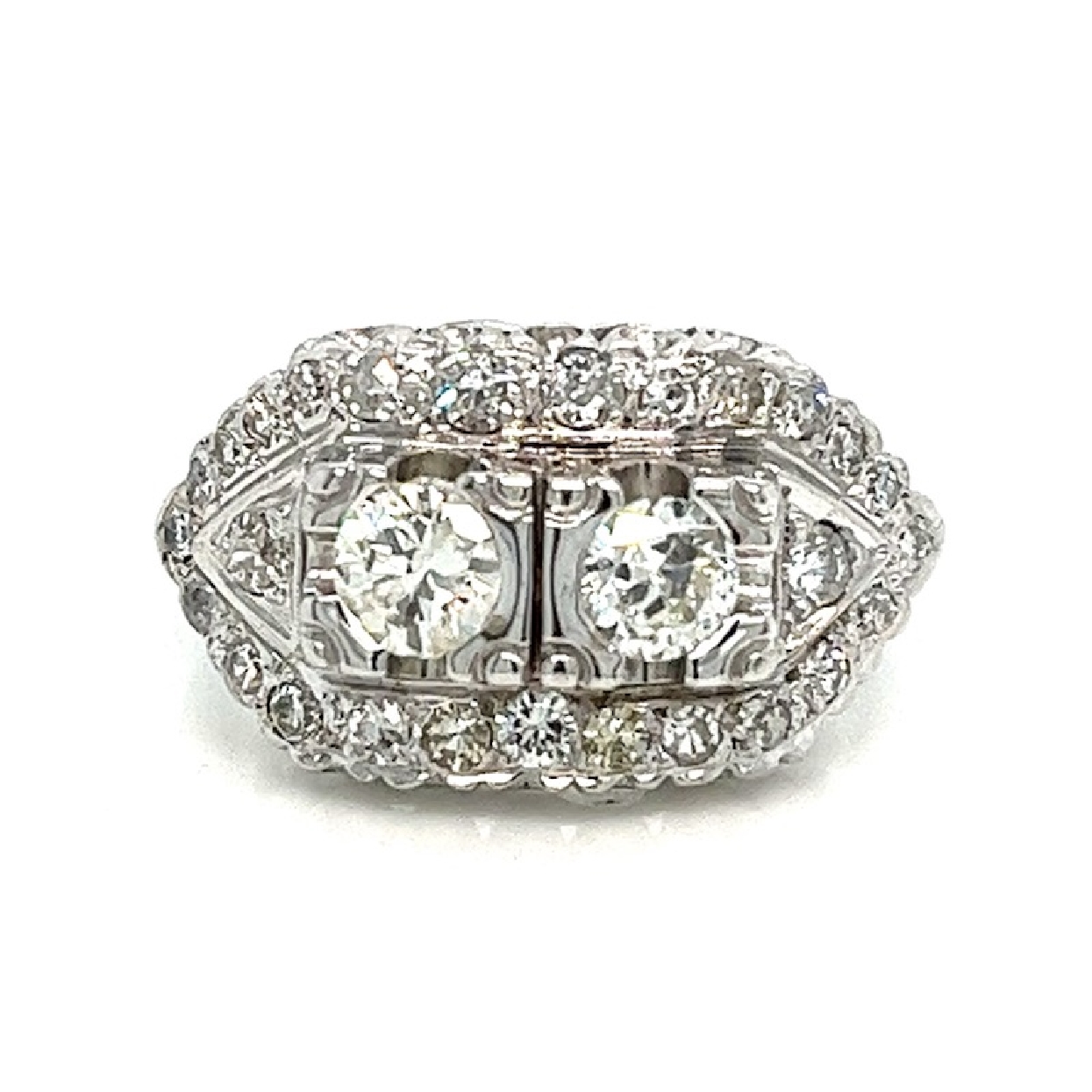 Antique Old European Cut 2-Stone .75ct Diamond Ring with 27 Accent Diamonds .66ct

Size 7.5  

AS IS- Chip in one of the Center Stones