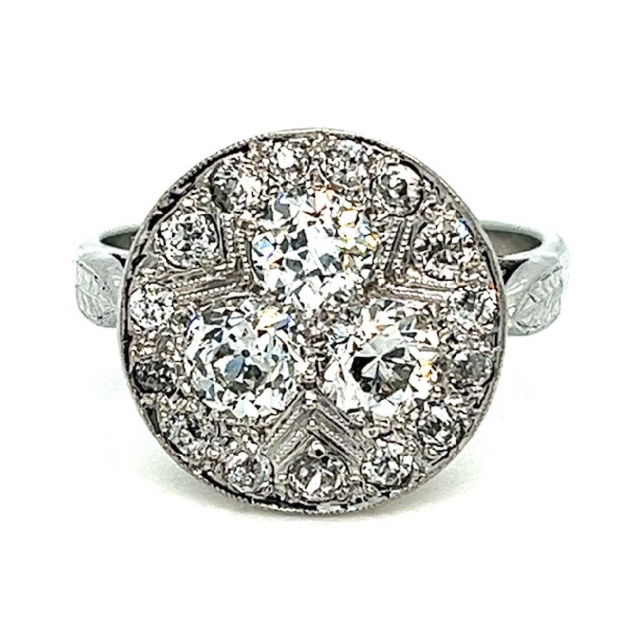 18K White Gold and Platinum Antique Diamond Ring with Filigree Size 7