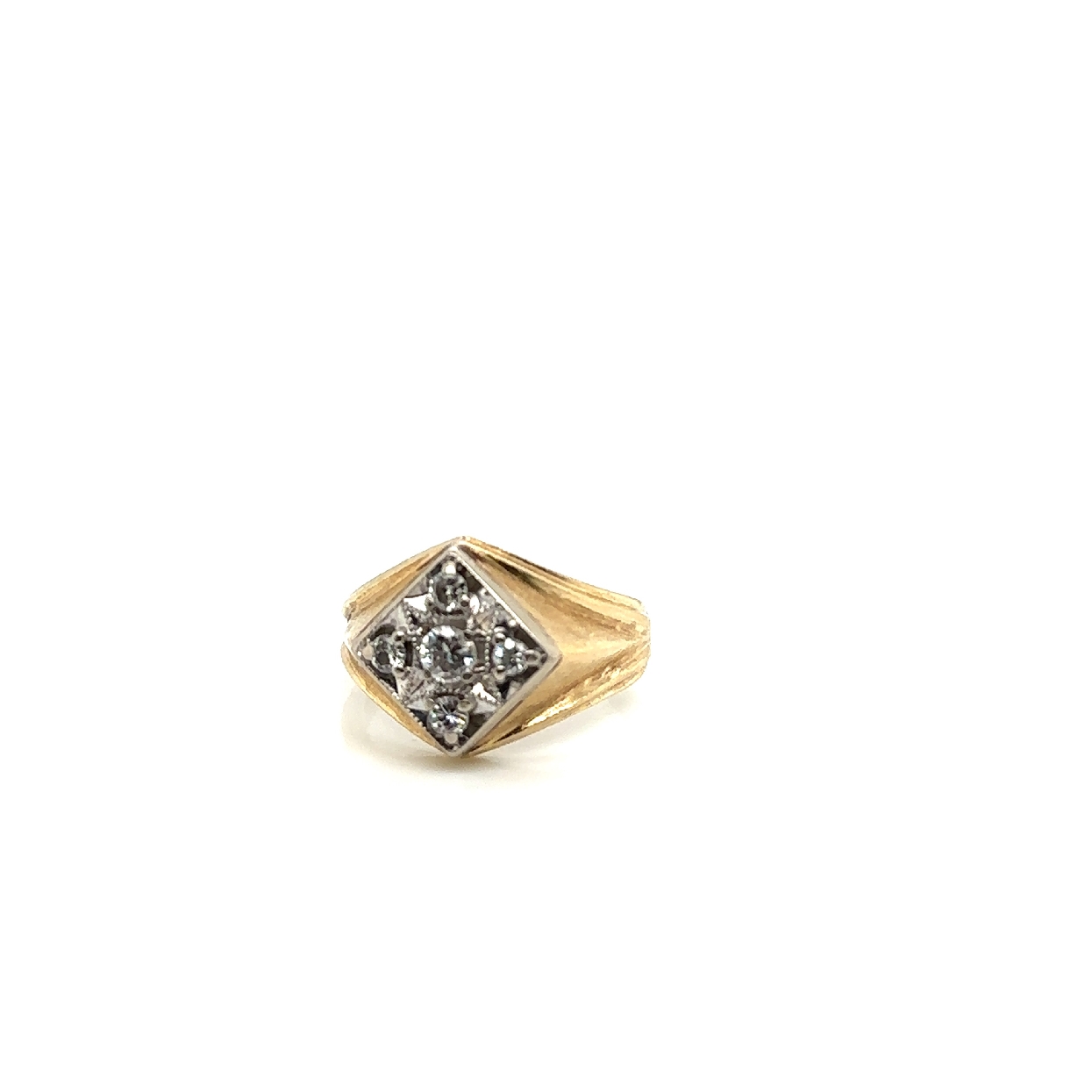 14K Yellow and White Gold Signet Style Diamond Ring With Rhombus Like Design Size 10.75