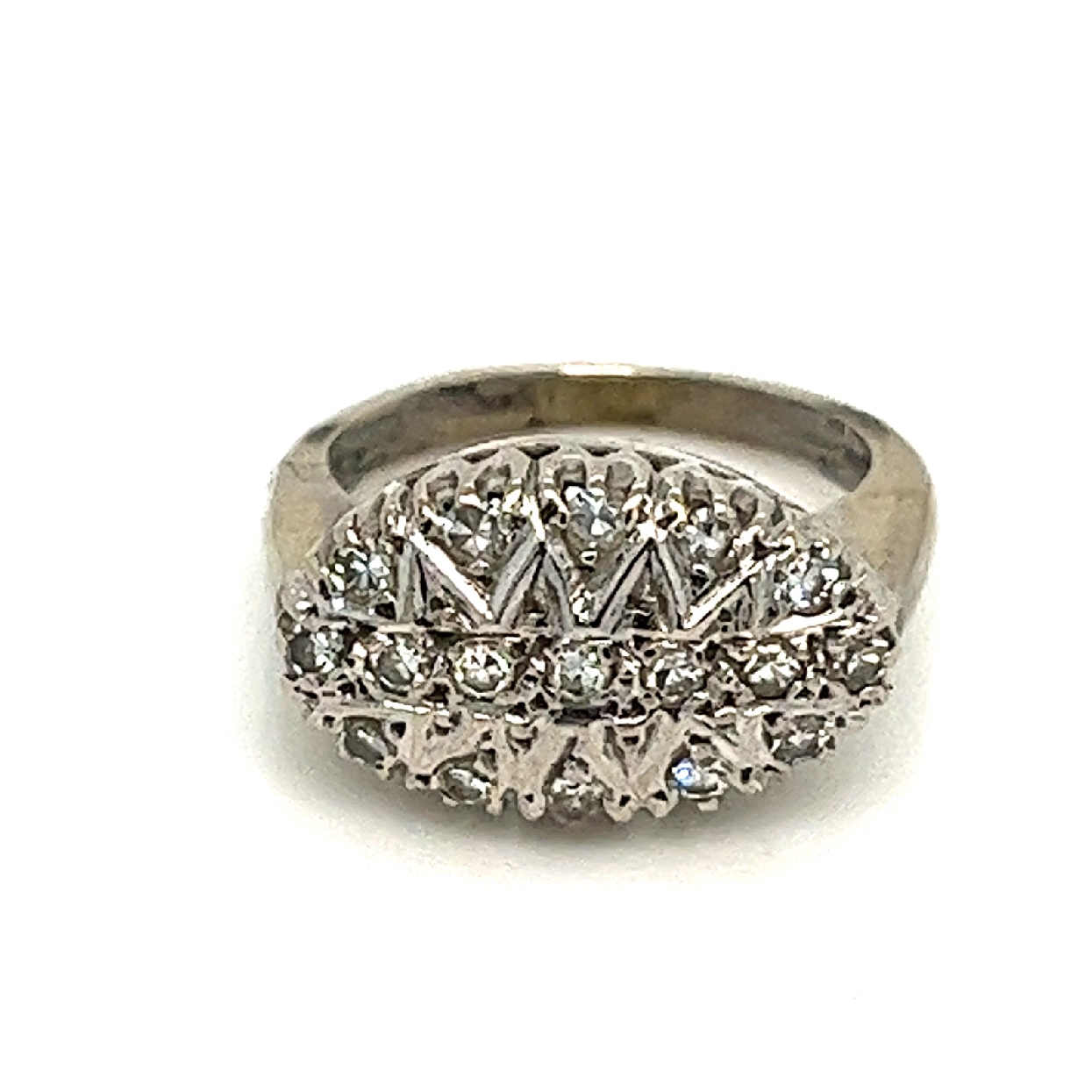 14K White Gold Antique .34cttw Diamond Ring in Hand Engraved Setting with Seventeen .02CT/SI1 Round Single-Cut Diamonds

Size 2
Appraisal on File