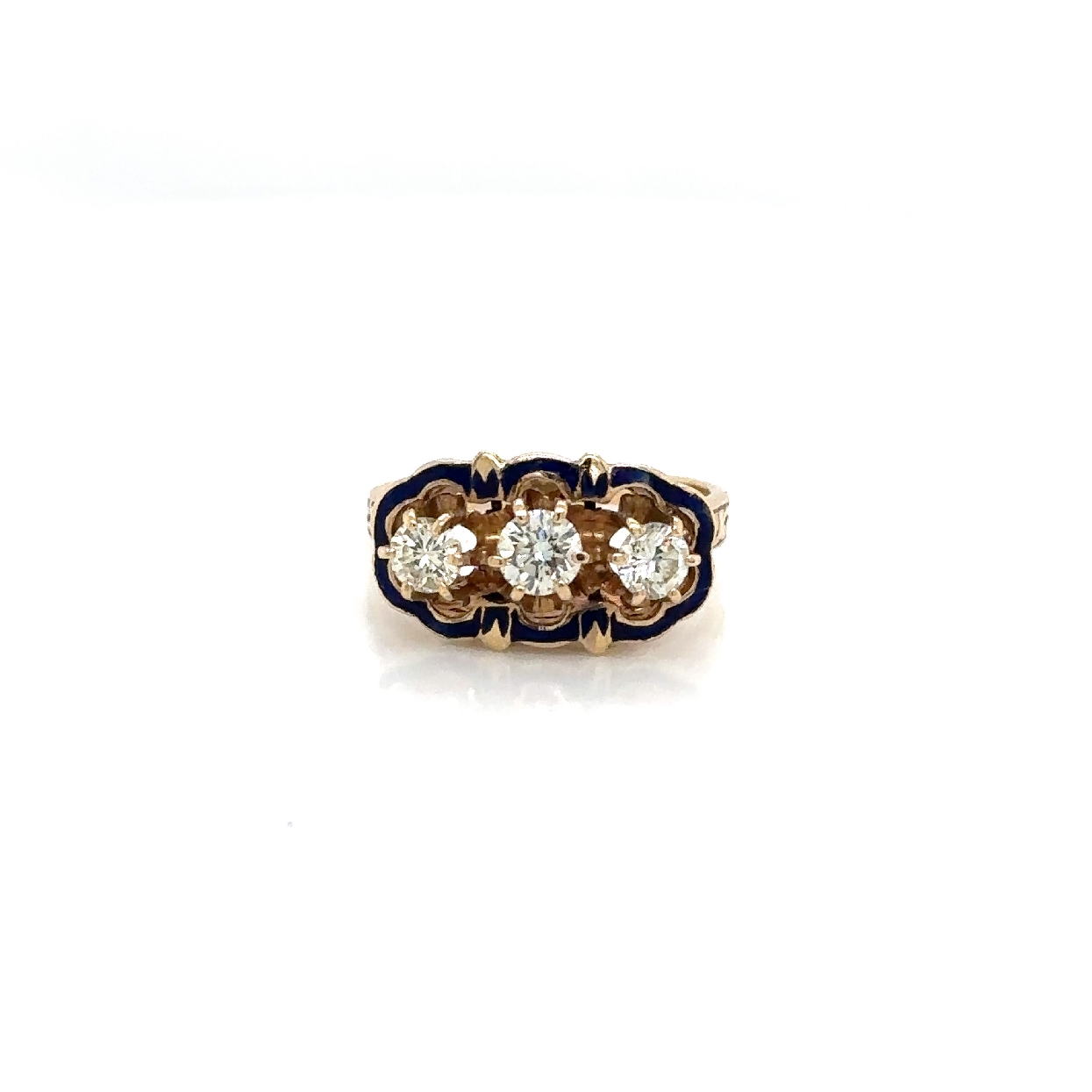 Antique 14K Yellow Gold Diamond Ring with Blue Enamel 

Size 6.75