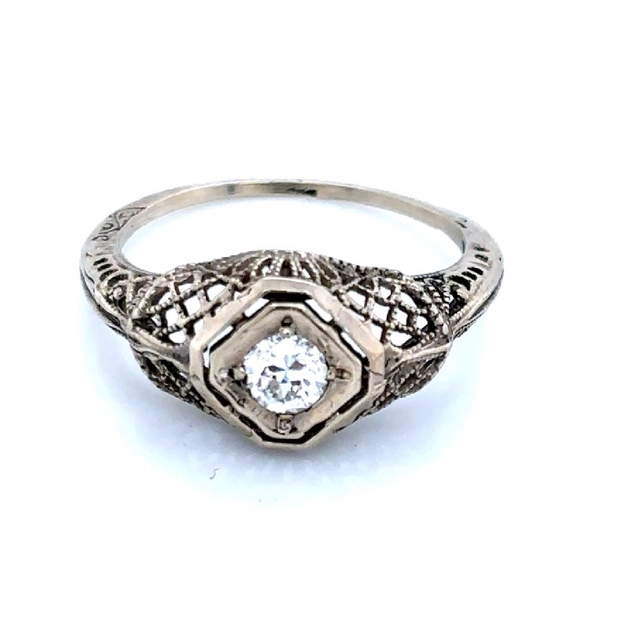 14K White Gold Victorian Filigree Setting with .15ct Old European Cut Diamond 

Size 5
