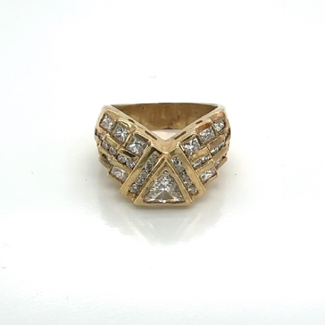 14K Yellow Gold Band with Trillion Cut Diamond and Round and Princess Diamond Accents Size 8