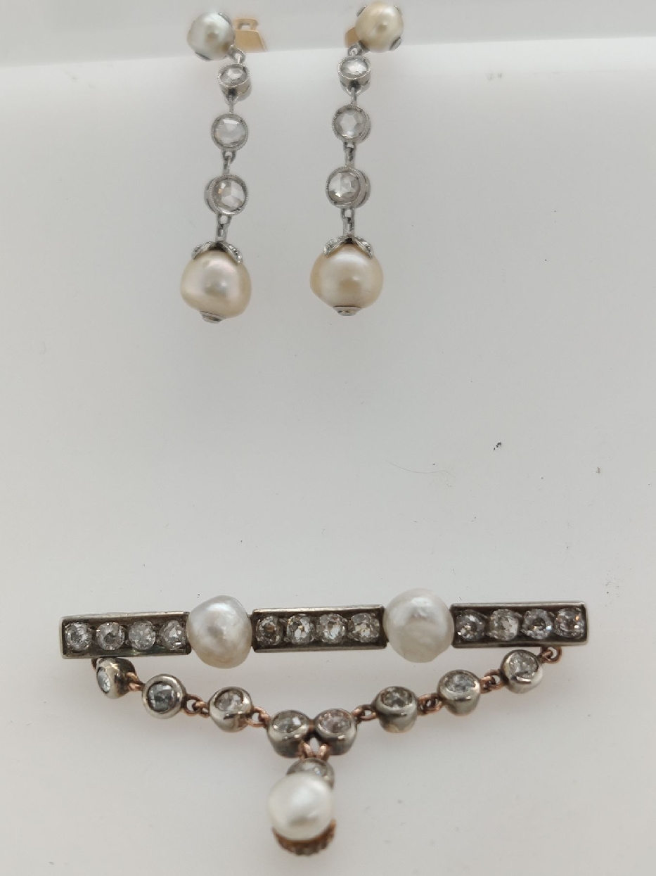 14K Two Tone Antique Earrings and Brooch Suite with Pearls and Bezel Set Diamonds