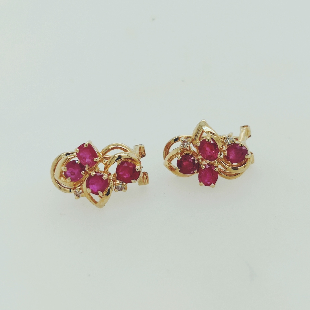 14K Yellow Gold and Ruby Cluster Earrings with Omega Backs