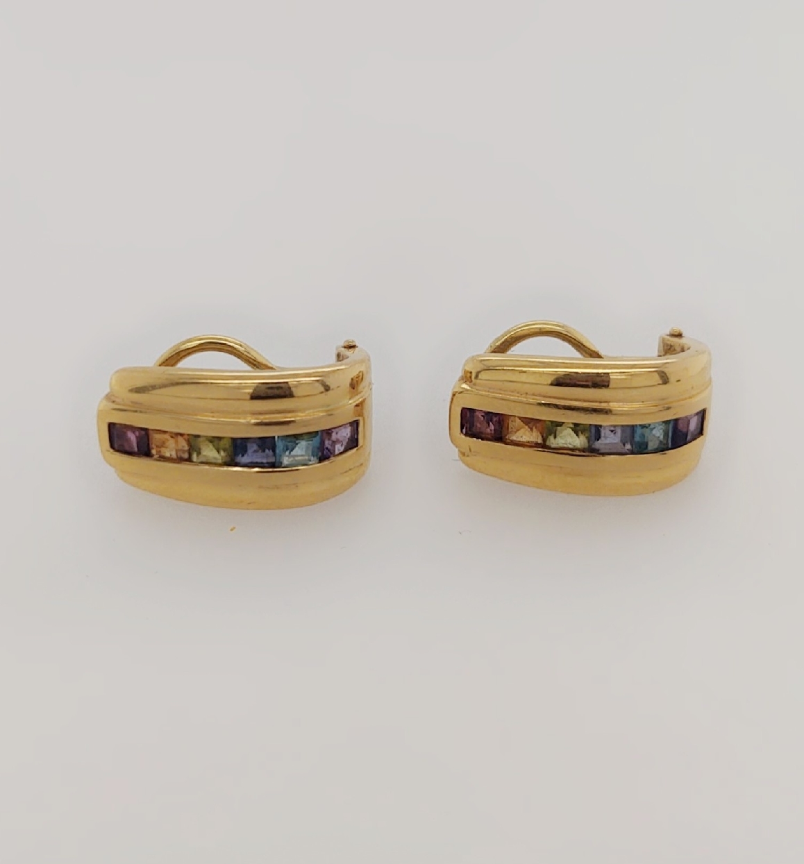 18K Yellow Gold Channel Set Multi-Colored Princess Cut Stone Earrings with Omega Backs