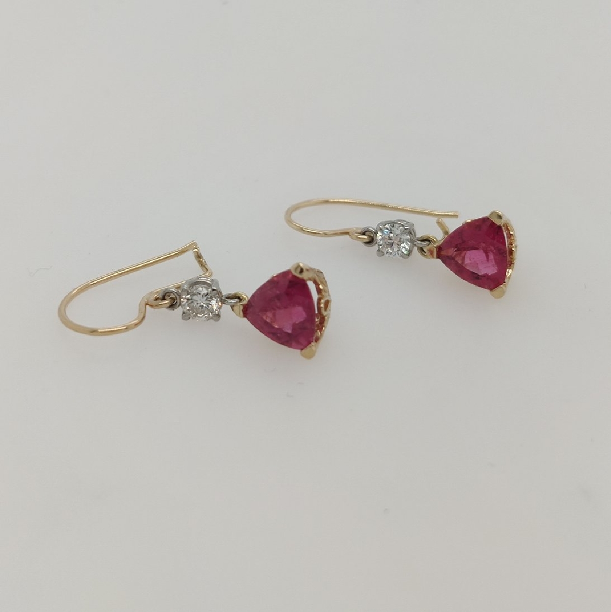 14K Yellow Gold Trillion Cut Rubellite Earrings with Platinum Set Diamond Accents on French Ear Wires