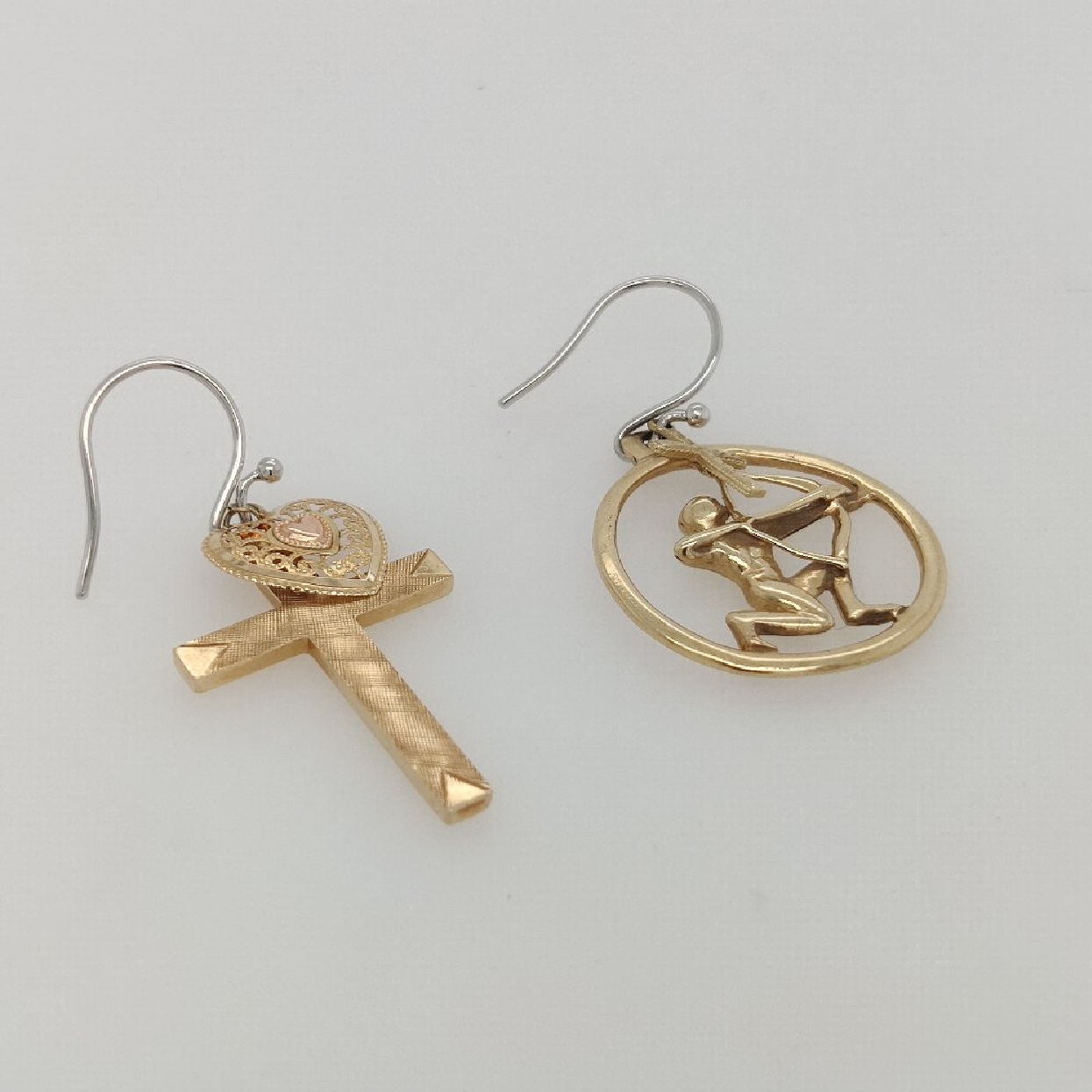 14K Yellow Gold Asymmetrical Religious Earrings With Cross; Heart and Archer Details on 18K White Gold Etruscan Style Ear Wires