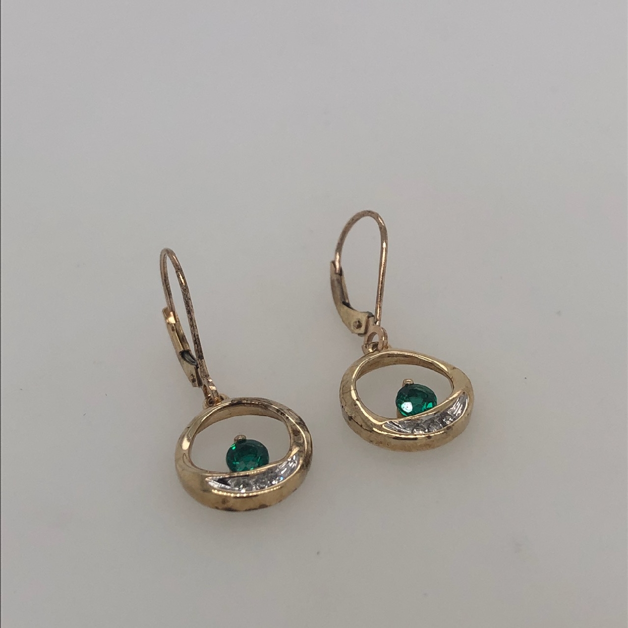 10K Yellow Gold Circular Drop Earrings with Diamonds and Synthetic Emerald 
